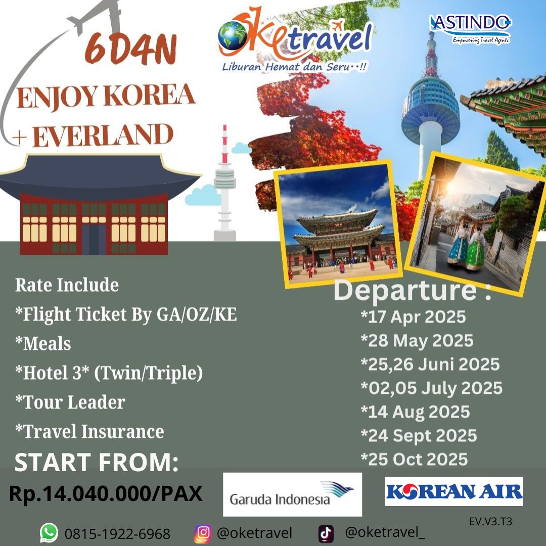 ENJOY KOREA +EVERLAND 6D4N | 17 April 2025 - 25 OCT 2025 | By (Garuda Indonesia / Korean Airlines)