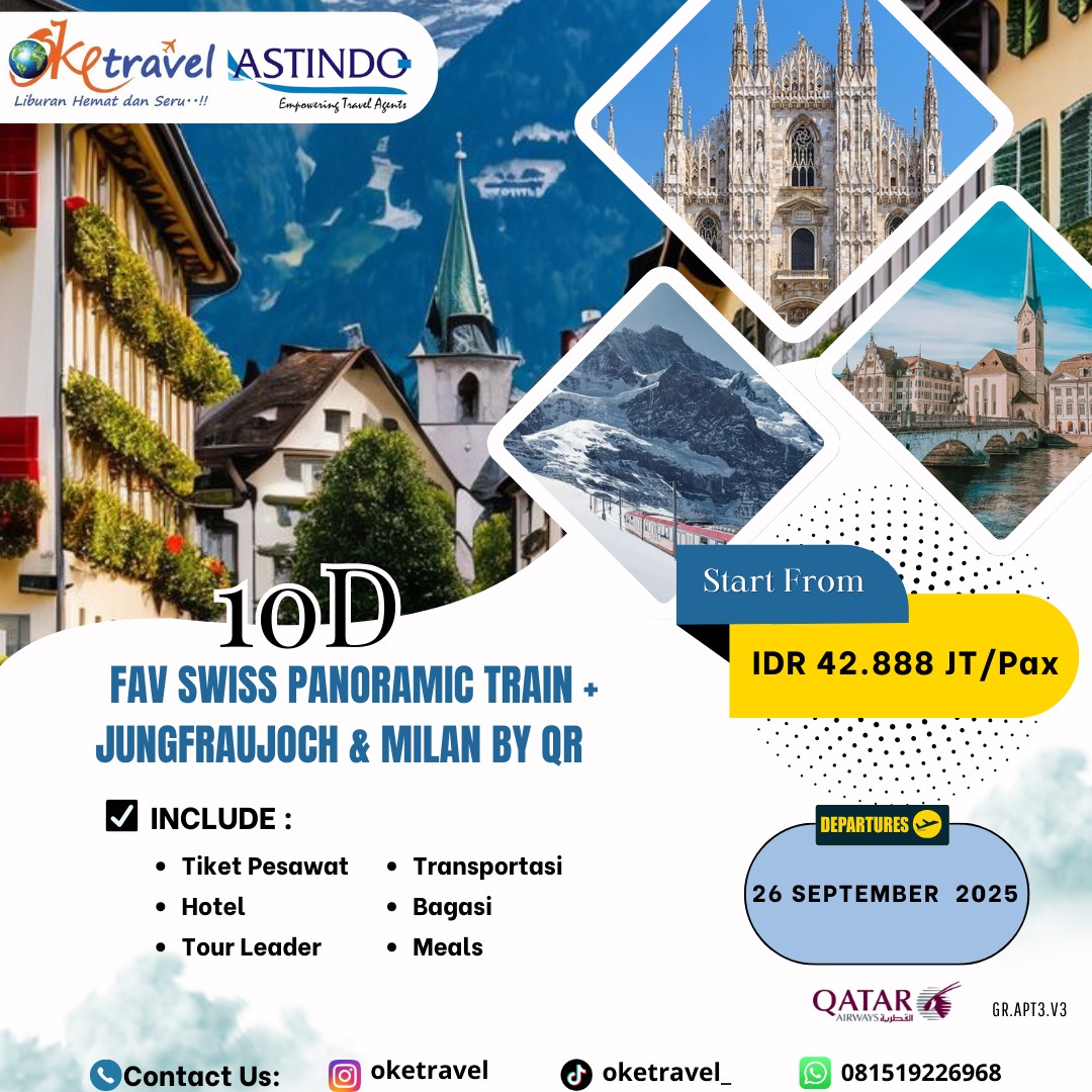 10D FAVORITE SWITZERLAND PANORAMIC TRAIN + JUNGFRAUJOCH & MILAN | DEP 26 SEP | BY QR
