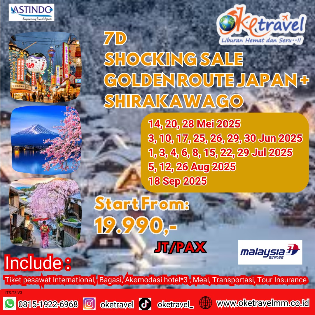 7d shocking sale golden route japan + shirakawago | 14 mei - 18 september 2025 | by malaysia airlines 