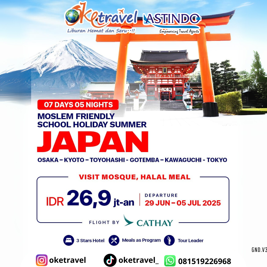 SUMMER JAPAN MOSLEM FRIENDLY TOUR 7D5N 29 JUN-BY CX