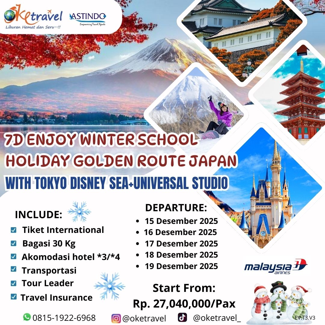 7D ENJOY WINTER SCHOOL HOLIDAY GOLDEN ROUTE JAPAN  WITH TOKYO DISNEY SEA+UNIVERSAL STUDIO | 15 dec - 19 dec 2025 | by malaysia