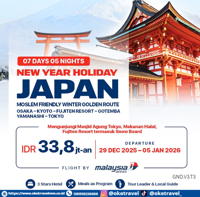 NEW YEAR HOLIDAY   MOSLEM FRIENDLY WINTER GOLDEN ROUTE JAPAN  7 DAYS 5 NIGHTS 29 DEC 2025 – 05 JAN 2026