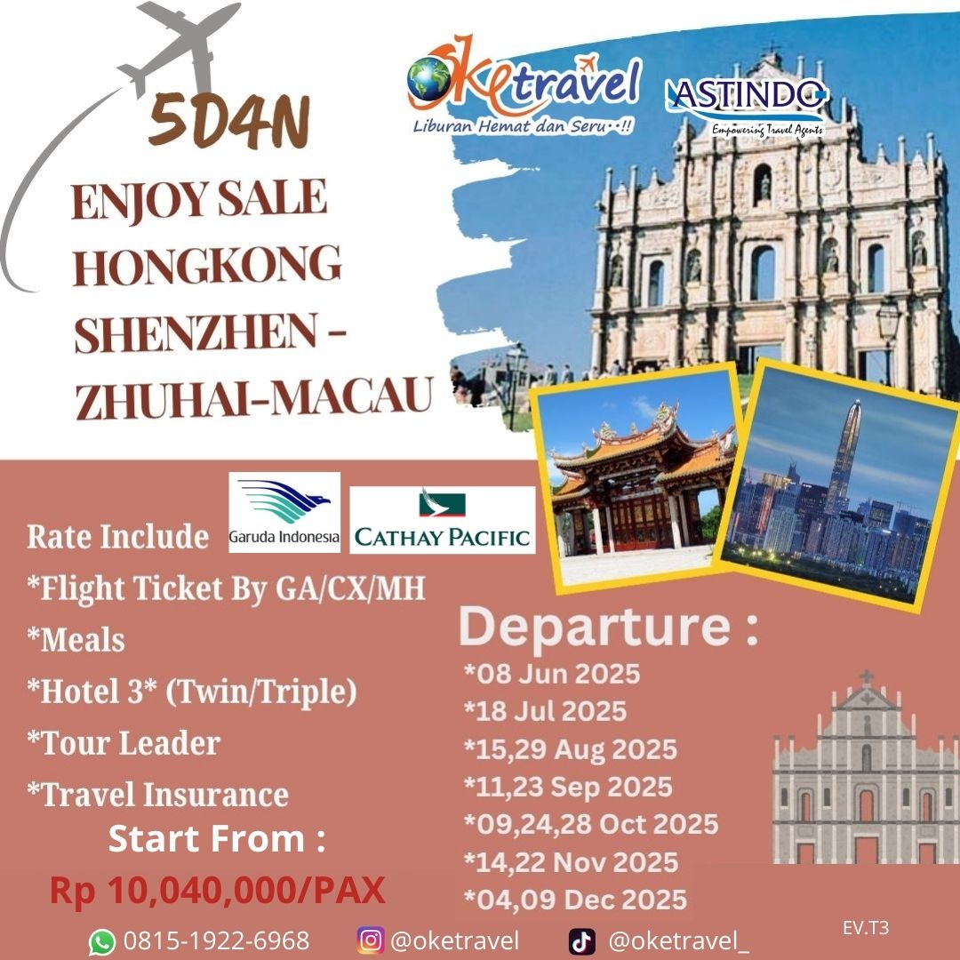 5D ENJOY SALE HONGKONG SHENZEN ZHUHAI MACAU | 08 Jun 2025 - 9 Desember 2025 | by Garuda Indonesia/ Cathay Pacific
