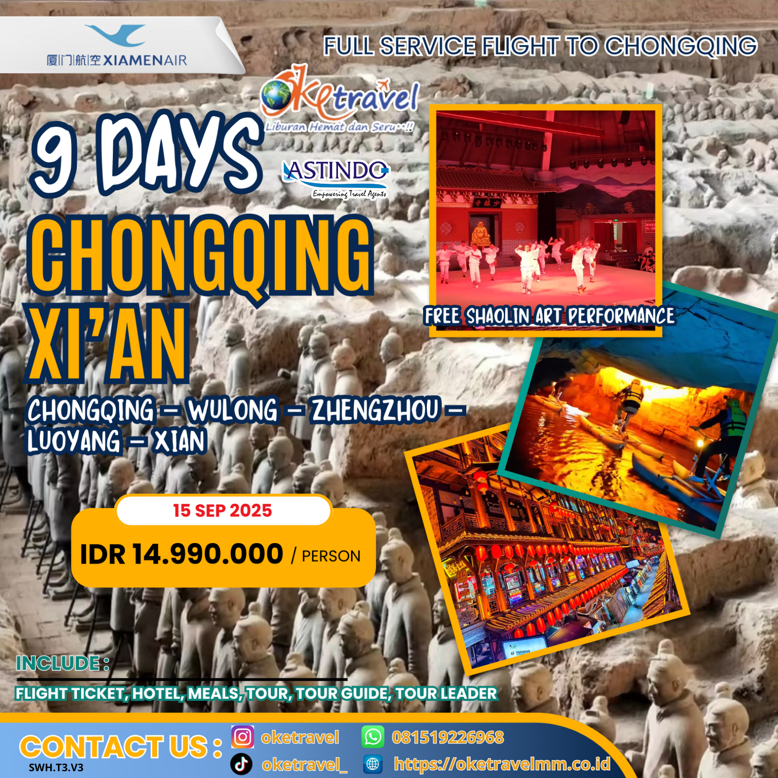 9D CHONGQING XIAN | DEP 15 SEP | BY Xiamen