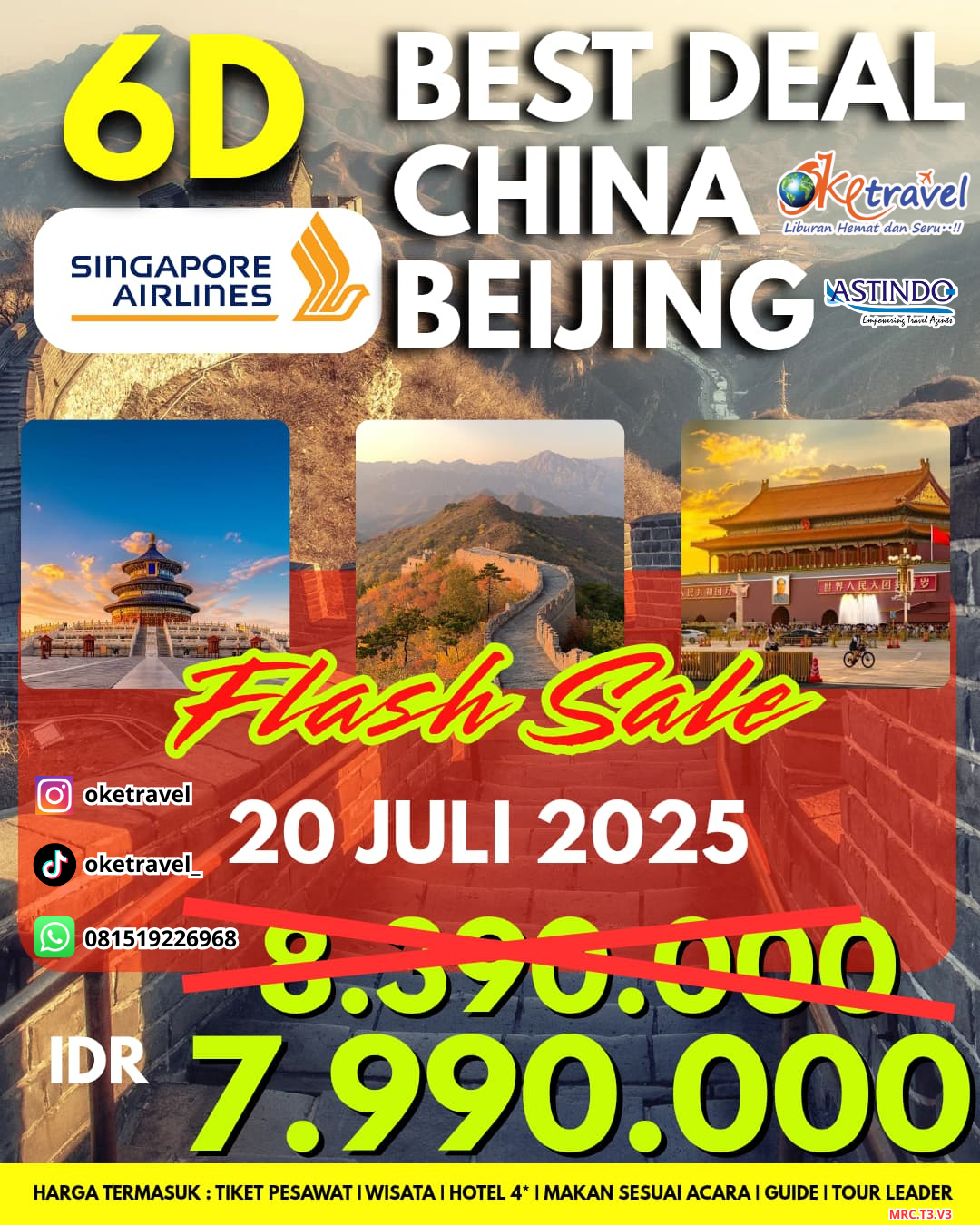 6D BEST DEAL BEIJING SINGAPORE AIRLINES | DEP 18, 20, 22, 24, 25 JULI | BY SQ