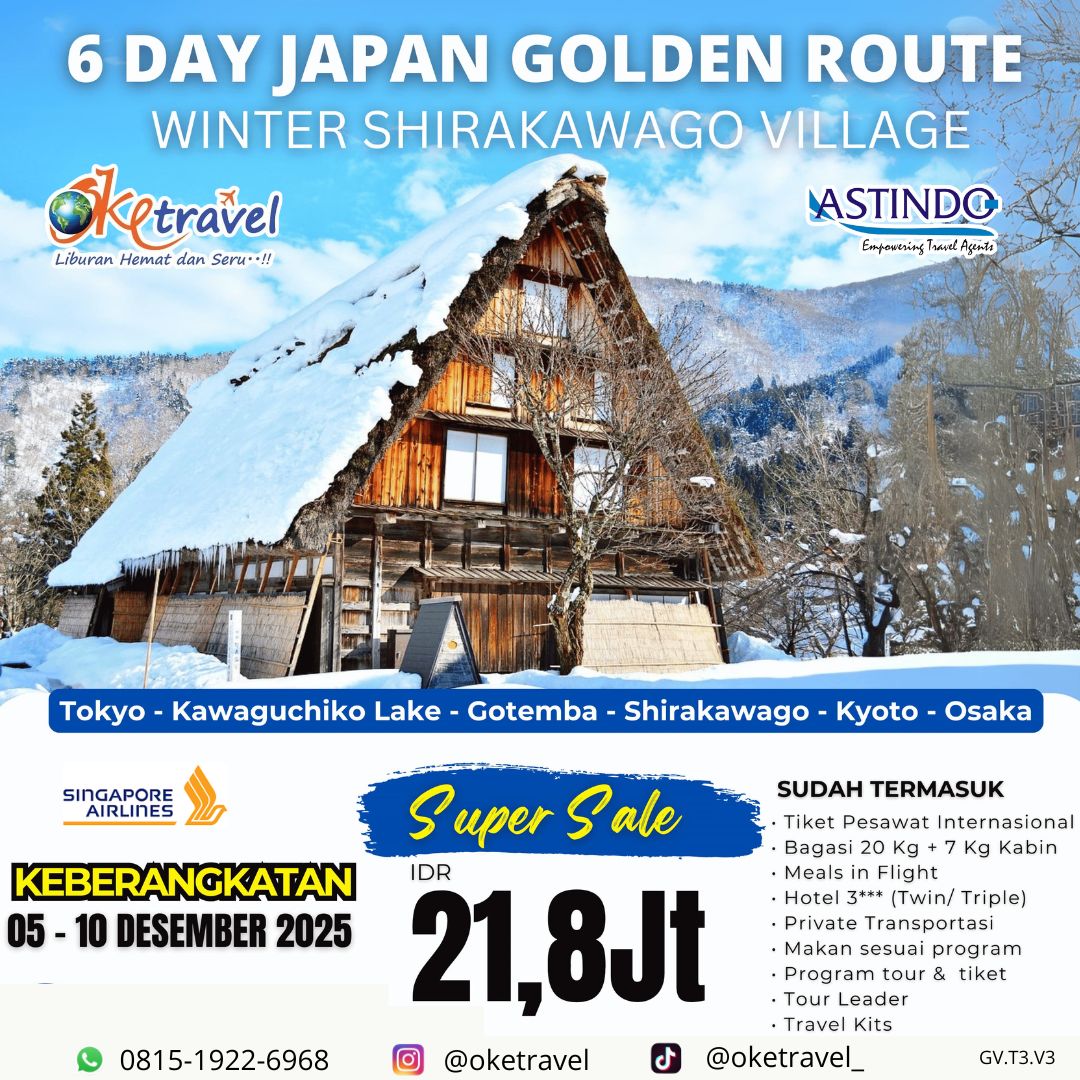 6 DAY WINTER JAPAN GOLDEN ROUTE & SHIRAKAWAGO VILLAGE | 5 desember 2025 | by by Malaysia Airlines/ Cathay Pacific 