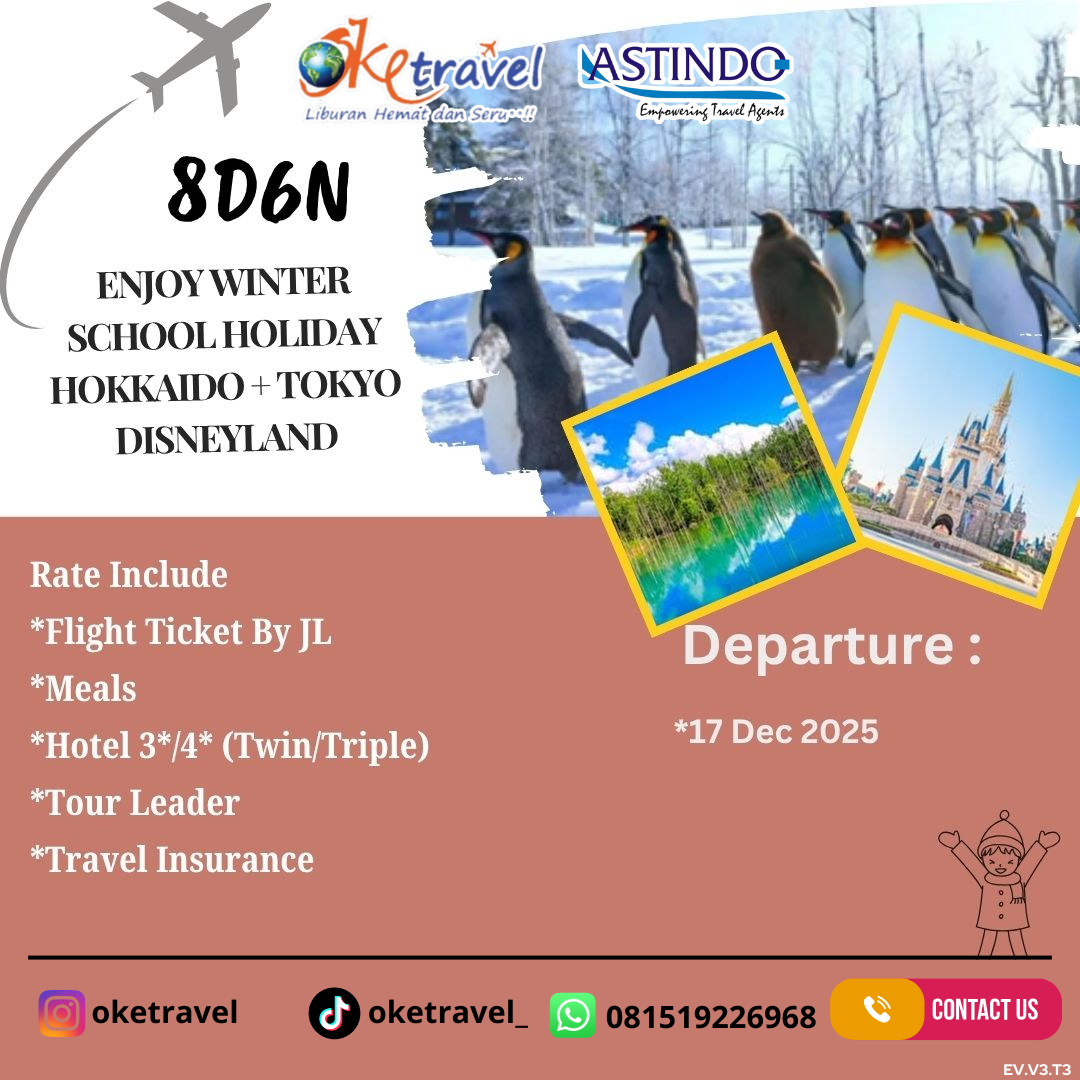 8D ENJOY WINTER SCHOOL HOLIDAY HOKKAIDO + TOKYO DISNEYLAND BY JL