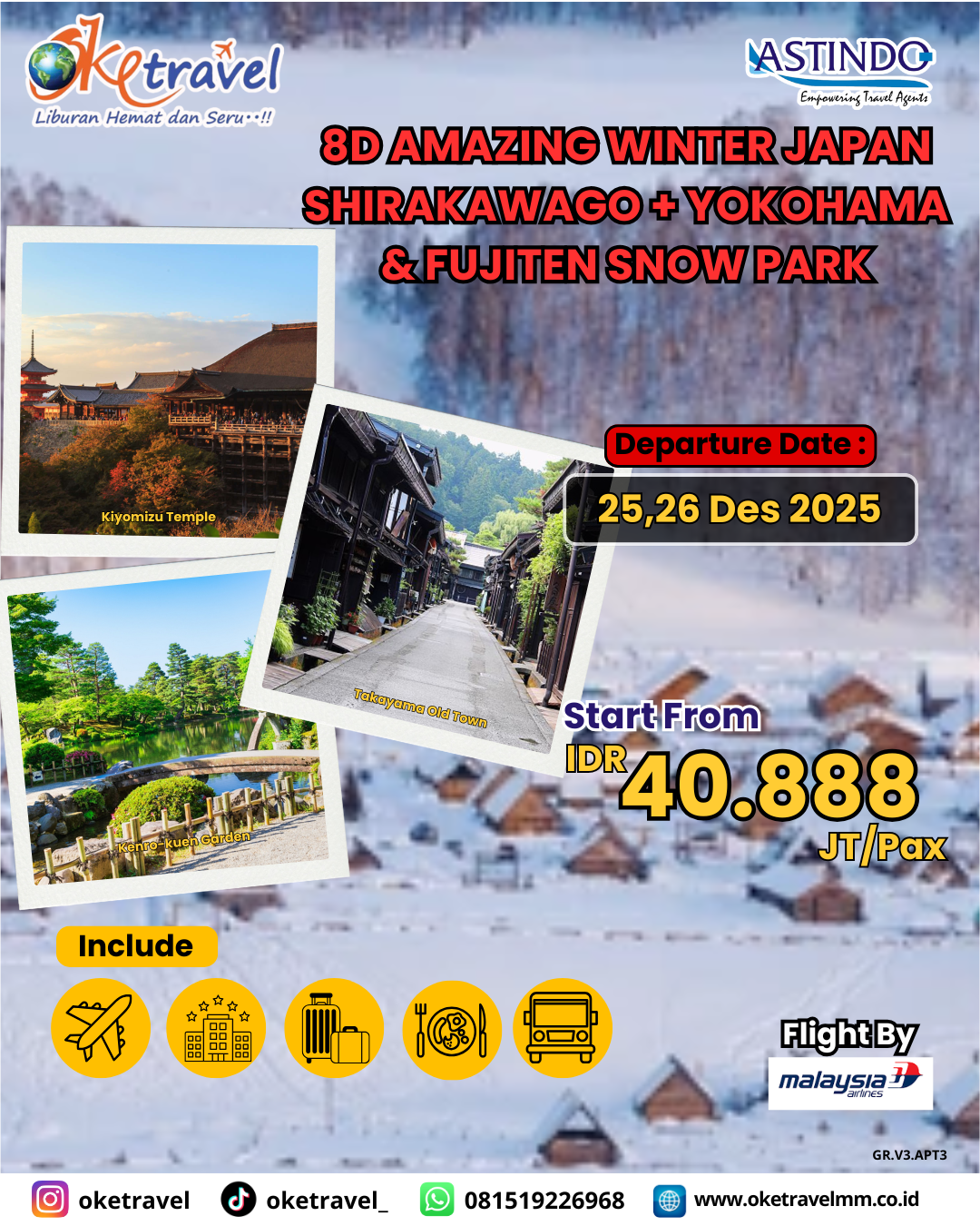 8D5N AMAZING WINTER JPN SHIRAKAWAGO + YOKOHAMA & FUJITEN SNOW PARK | dep 25, 26 des | by MH 
