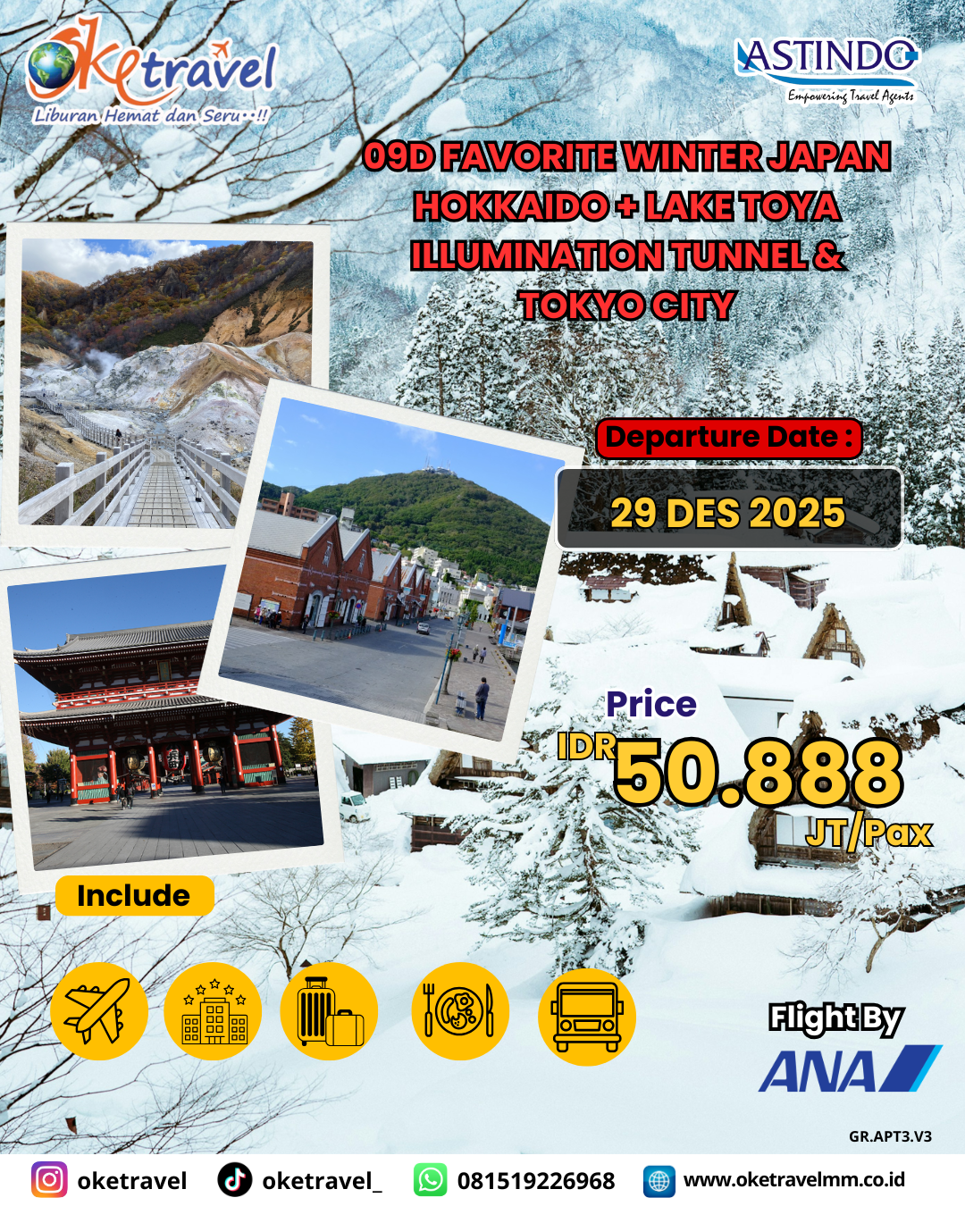 9D8N FAV WINTER JPN HOKKAIDO + TOYAKO ILLUMINATION TUNNEL & TOKYO CITY (CTS-NRT) | dep 29 DES 2025 by NH