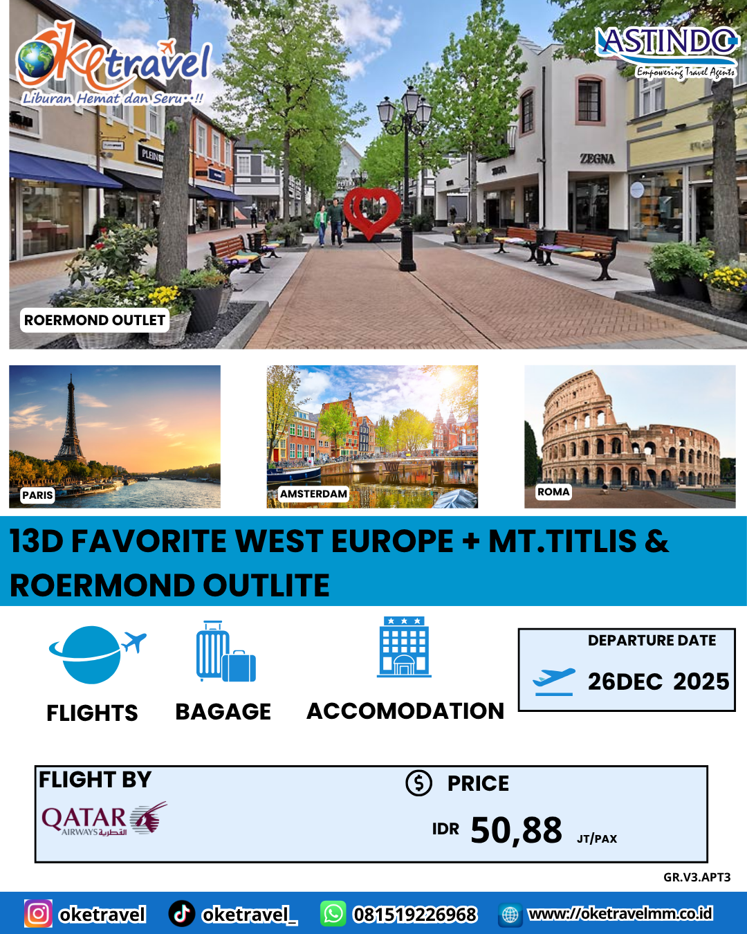 FAVORITE WEST EUROPE + MT.TITLIS & ROERMOND OUTLET | dep 26 des,7 jan | by QR 