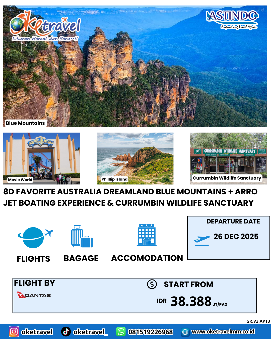 FAVORITE AUSTRALIA DREAMLAND BLUE MOUNTAINS +  ARRO JET BOATING EXPERIENCE & CURRUMBIN WILDLIFE SANCTUARY | DEP 26 DEC 2025 | by QF