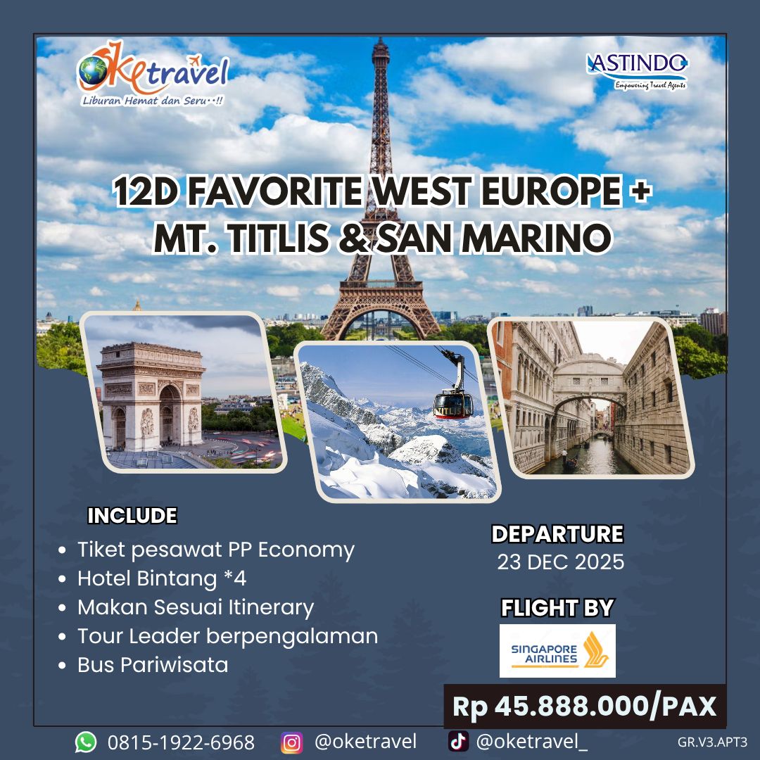 12D FAVORITE WEST EUROPE + MT. TITLIS & SAN MARINO | DEP 23 DEC 2025 | by SQ