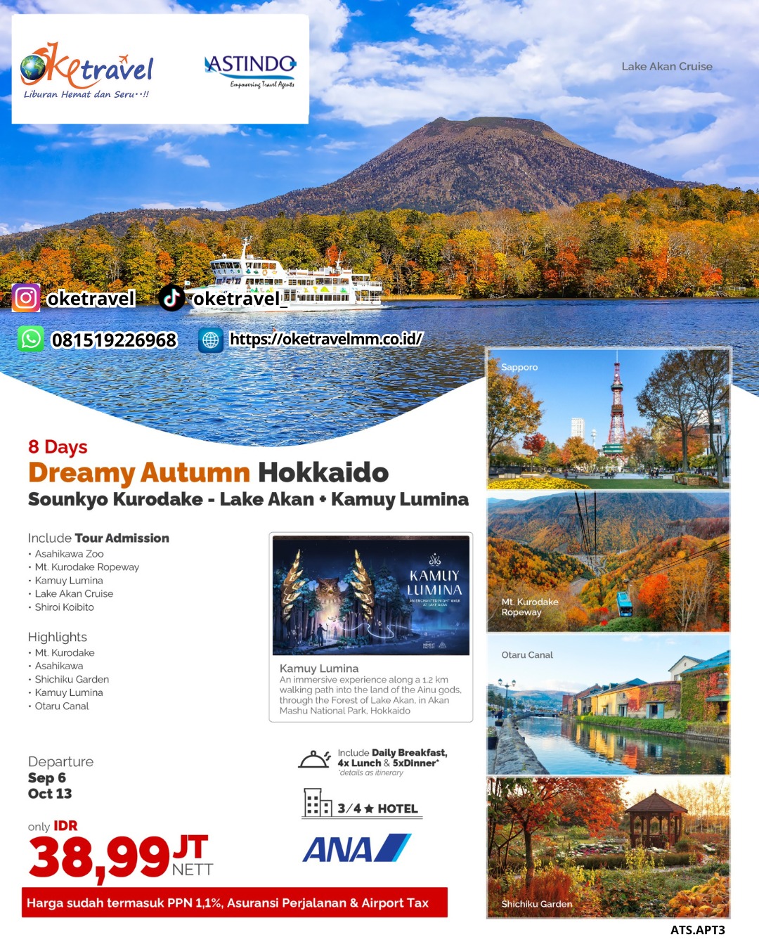 8D DREAMY AUTUMN HOKKAIDO SOUNKYO KURODAKE - LAKE AKAN + KAMUY LUMINA | DEP 6 SEP, 13 OCT | by NH