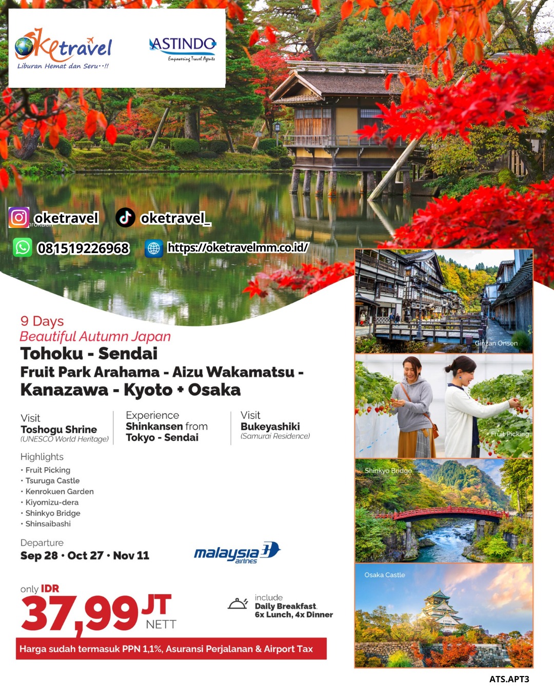 9D BEAUTIFUL AUTUMN JAPAN TOHOKU - SENDAI FRUIT PARK ARAHAMA - AIZU WAKAMATSU - KANAZAWA - KYOTO + OSAKA | DEP 28 SEP, 27 OCT, 11 NOV | by MH