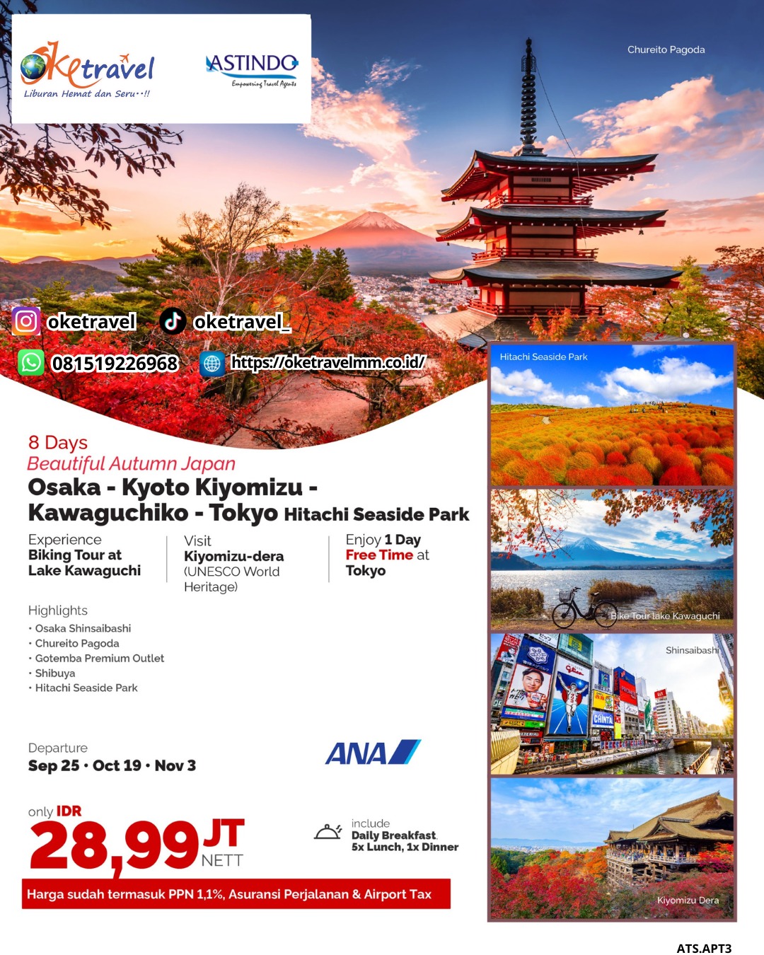 8D BEAUTIFUL AUTUMN JAPAN OSAKA - KIYOTO KIYOMIZU - KAWAGUCHICKO - TOKYO HITACHI SEASIDE PARK | DEP 25 SEP, 19 OCT, 03 NOV | by NH