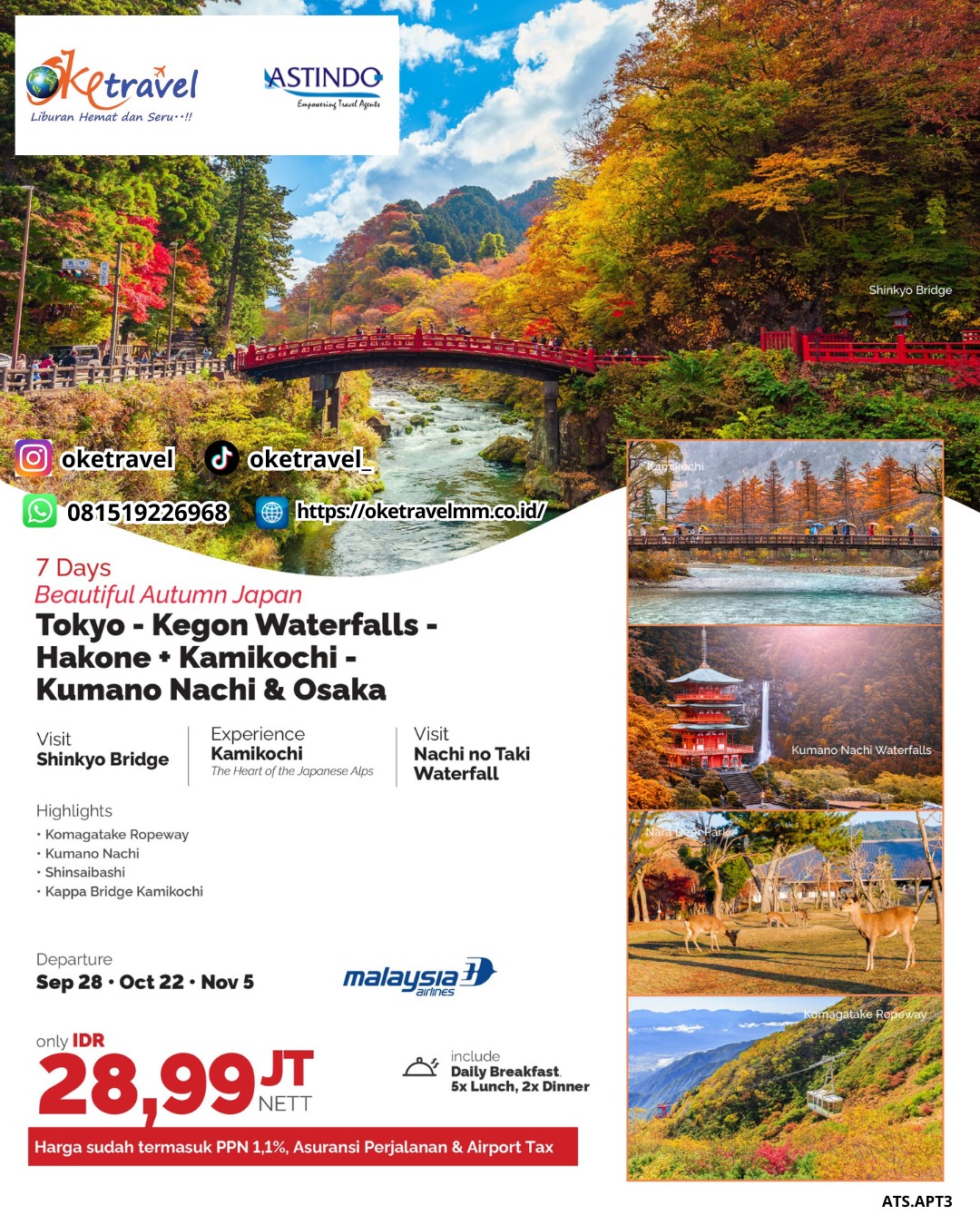 7D BEAUTIFUL AUTUMN JAPAN TOKYO - KEGON WATERFALLS - HAKONE + KAMIKOCHI - KUMANO NACHI & OSAKA | DEP 28 SEP, 22 OCT, 05 NOV | by MH