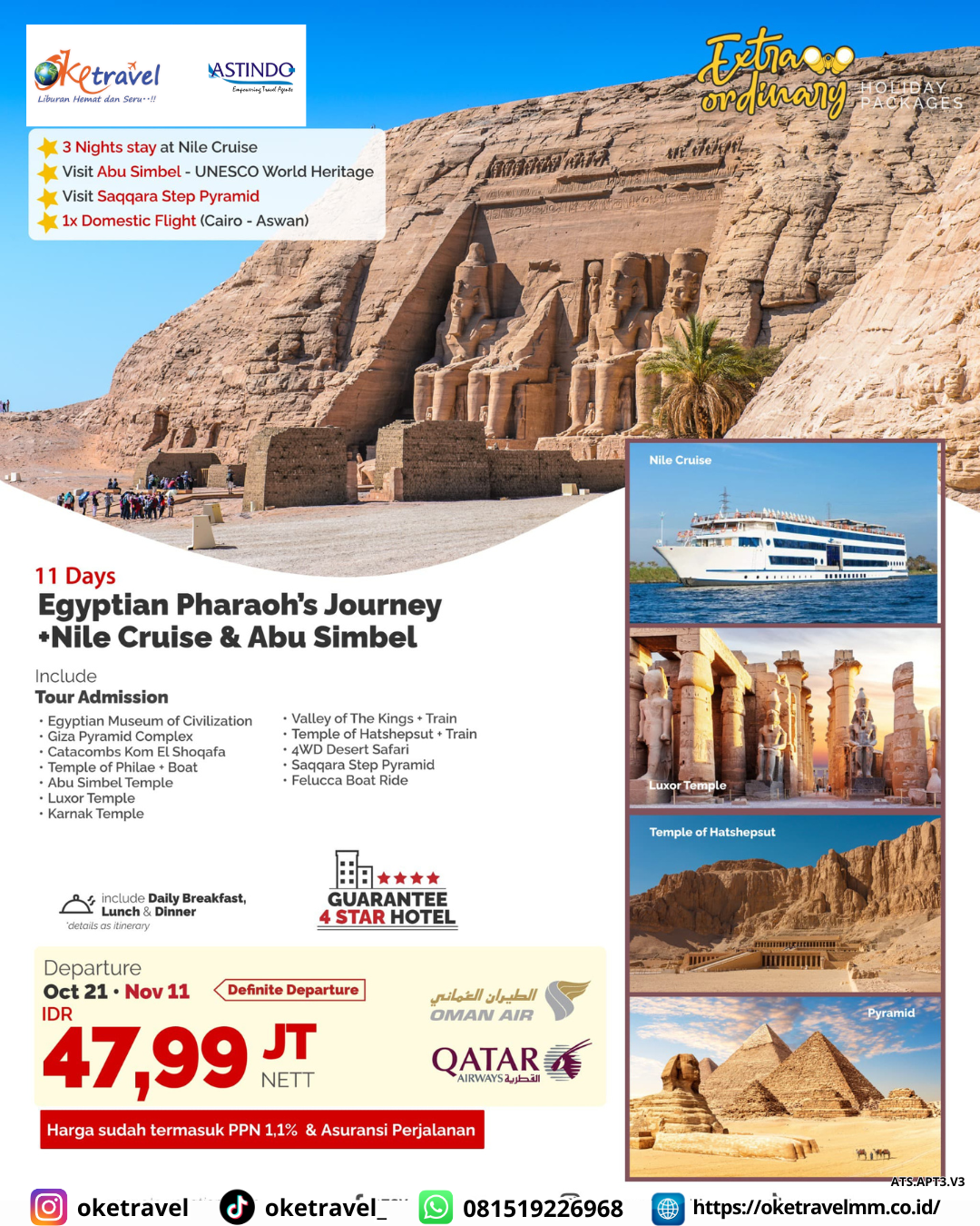 11D EGYPTIAN PHARAOHS JOURNEY + NILE CRUISE & ABU SIMBEL | DEP 11 NOV 2025 | by QR