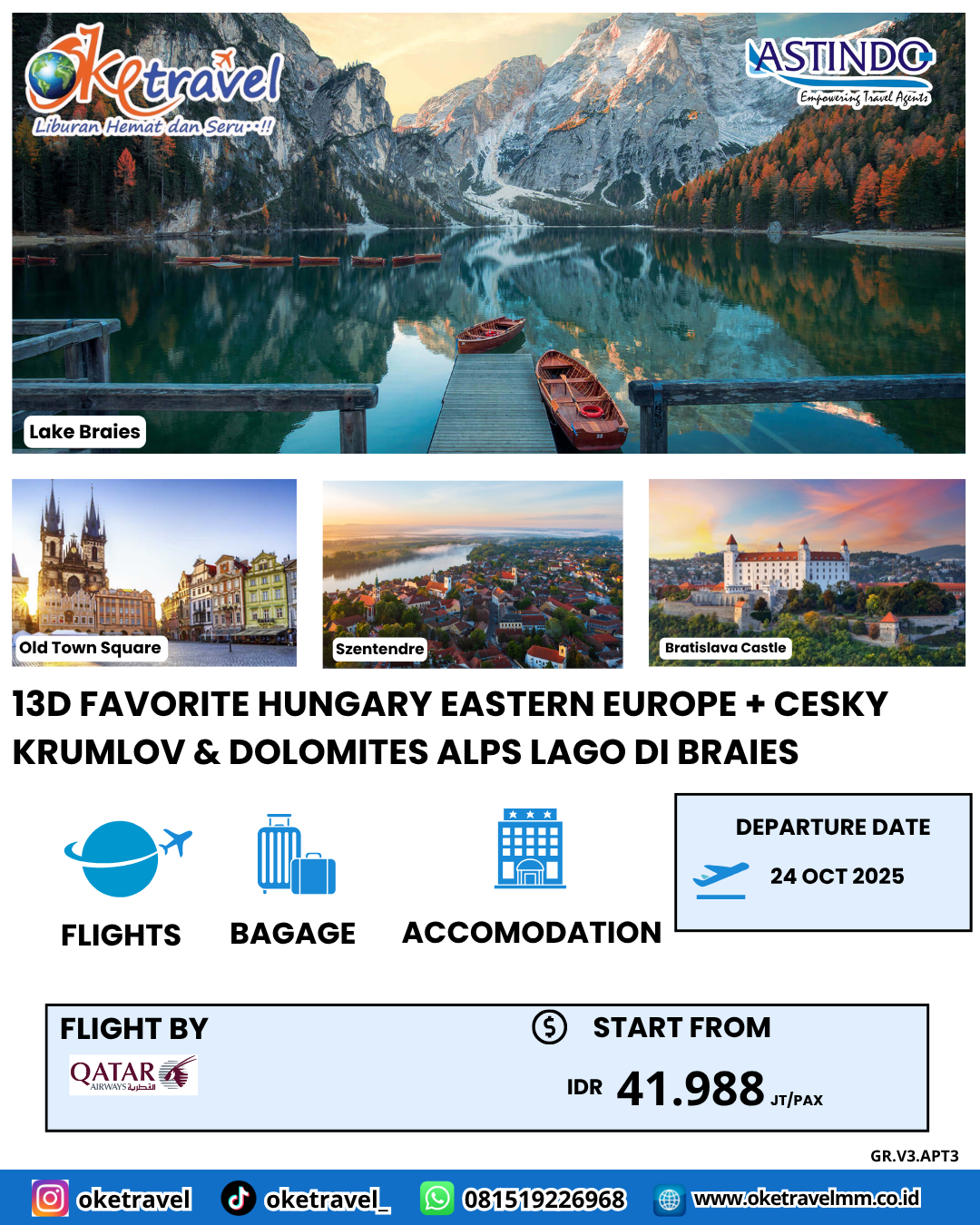 13D FAVORITE HUNGARY EASTERN EUROPE + CESKY KRUMLOV &  DOLOMITES ALPS LAGO DI BRAIES | DEP  24 OCT| by QR