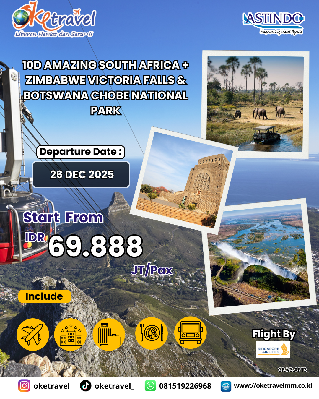 10D AMAZING SOUTH AFRICA + ZIMBABWE VICTORIA FALLS  & BOTSWANA CHOBE NATIONAL PARK | DEP 26 DEC 2025 | by SQ