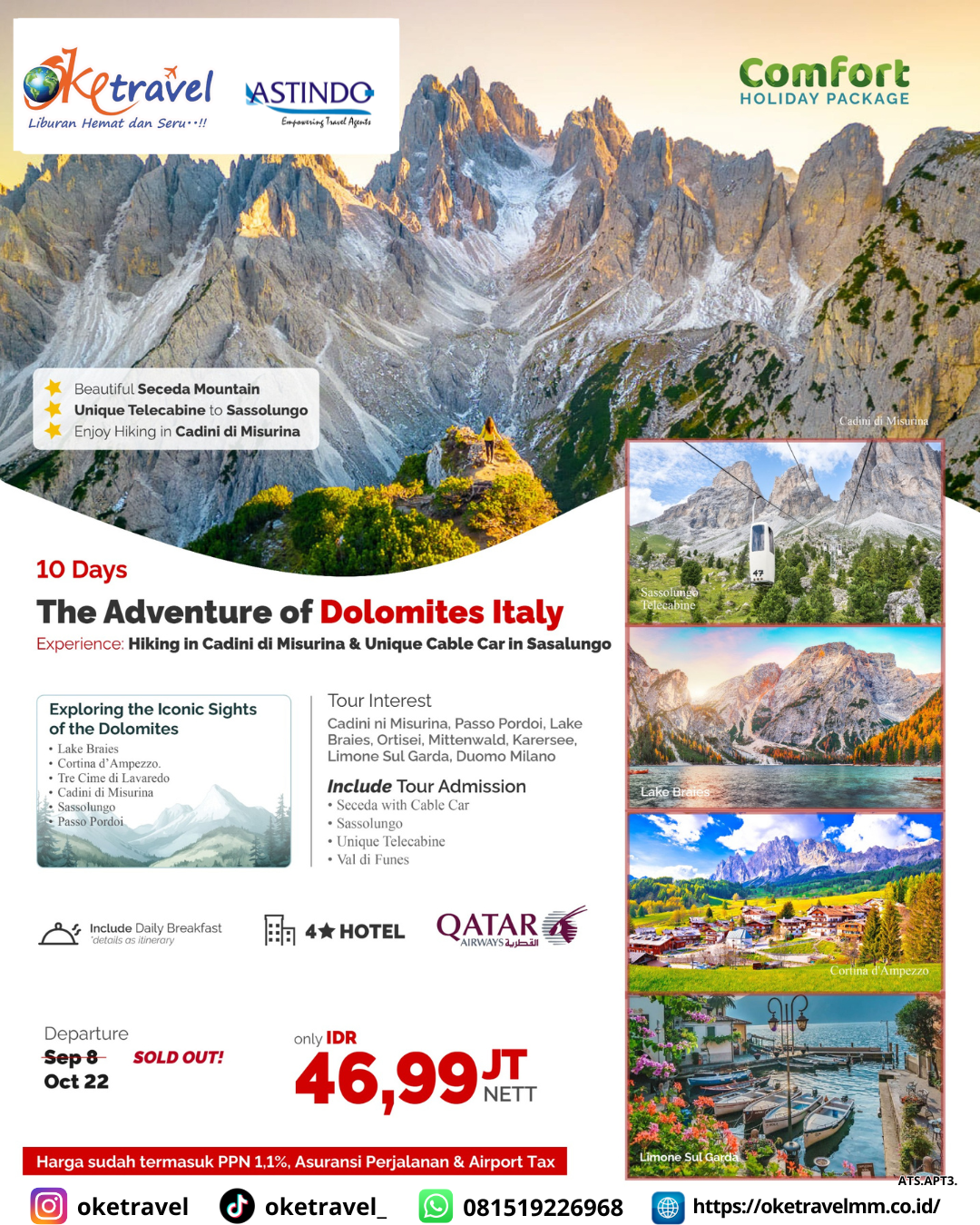 10D THE ADVENTURE OF DOLOMITES ITALY EXPERIENCE | DEP 01, 07, 22 OCT 2024 | by QR