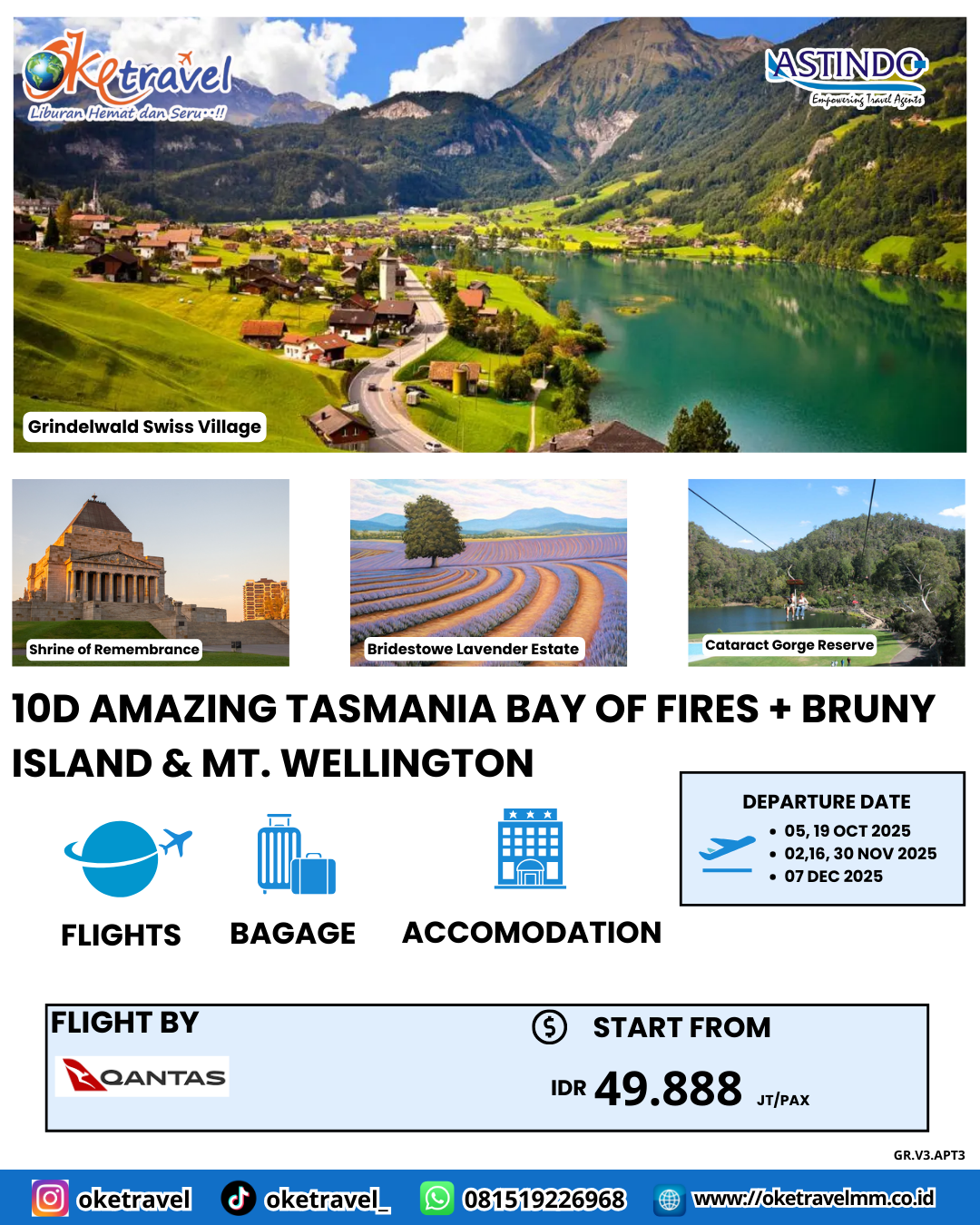 10D AMAZING TASMANIA BAY OF FIRES + BRUNY ISLAND  & MT. WELLINGTON | DEP 05,19 OCT, 02,16,30 NOV, 07 DEC 2025 | QF