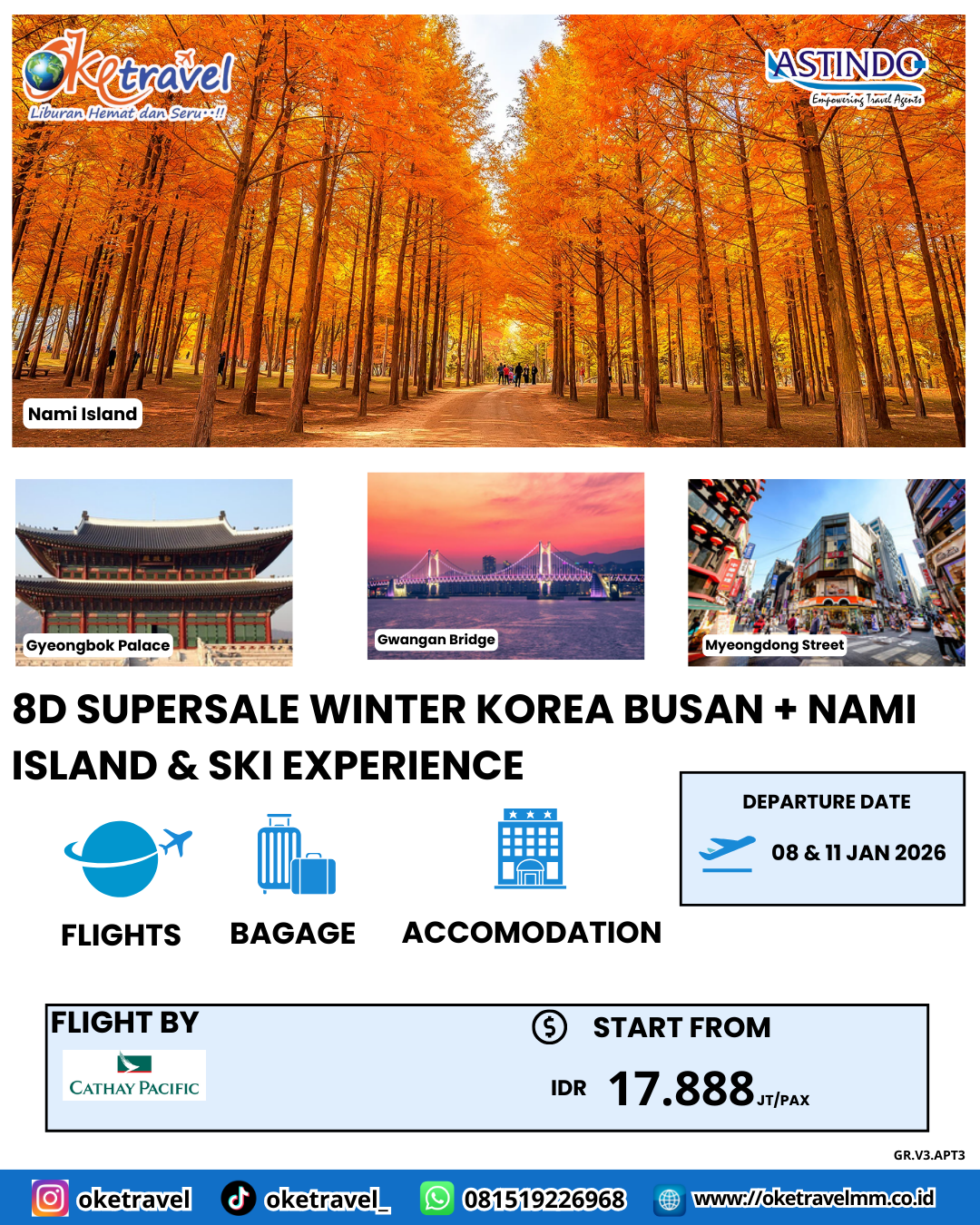 8D SUPERSALE WINTER KOREA BUSAN + NAMI ISLAND & SKI EXPERIENCE | DEP  08 & 11 JAN 2026 | BY CX