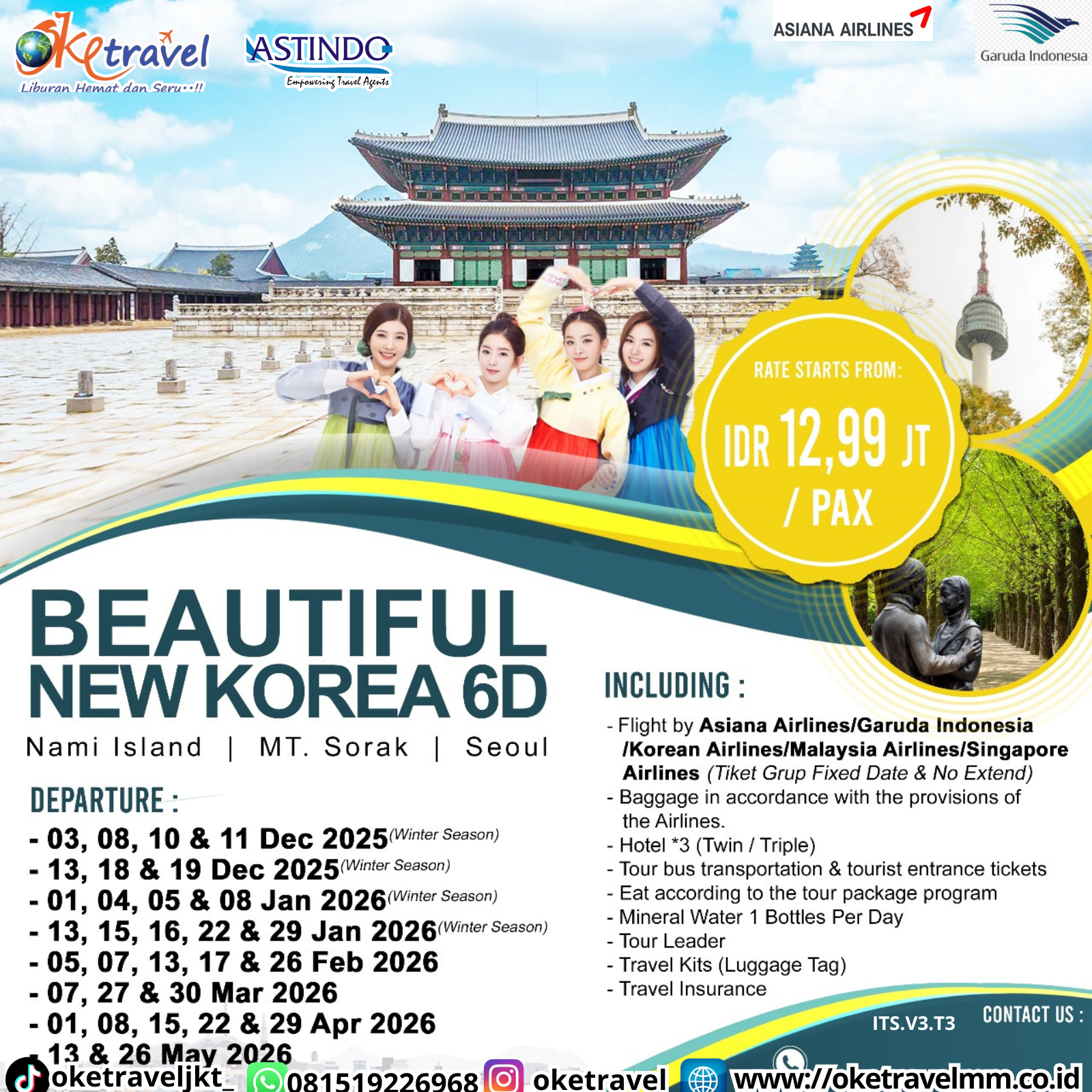 BEAUTIFUL NEW KOREA 6D | DEP 03,08,10,11,13,18,19 DEC 2025, 01,04,05,08,13,15,16,22,29 JAN 2026, 05,07,13,17,26 FEB 2026, 07,27,30 MAR 2026, 01,08,15,22,29 APR 2026, 13,16 MAY 2026 | BY OZ,GA