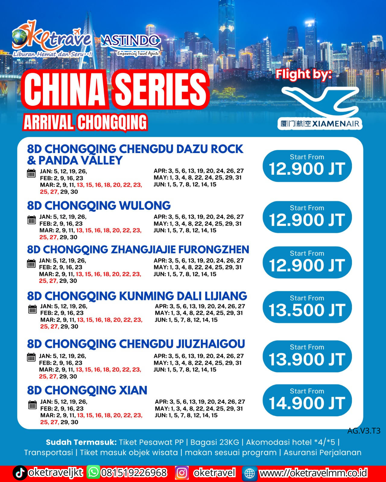 8D7N CHONGQING KUNMING DALI LIJIANG SHILIN  EARLY BIRD | DEP 2026 JAN: 5, 12, 19, 26, FEB: 2, 9, 16, 23 MAR: 2, 9, 11, 13, 15, 16, 18, 20, 22, 23, 25, 27, 29, 30 APR: 3, 5, 6, 13, 19, 20, 24, 26, 27 MAY: 1, 3, 4, 8, 22, 24, 25, 29, 31 JUN: 1, 5, 7, 8, 12, 14, 15 | BY MF