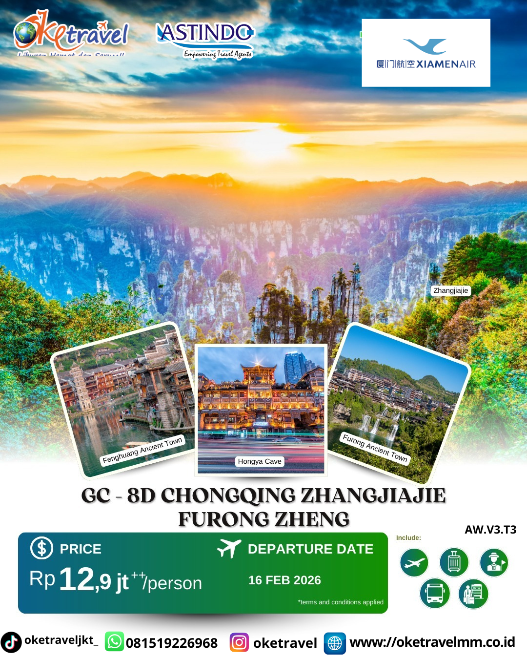 8D CHONGQING ZHANGJIAJIE FURONG ZHENG |DEP 05,12,19,26 JAN 2026, 02,09,16,23 FEB 2026, 02,09,11,13,15,16,18,20,22,23,25,27,29,30 MAR 2026, 03,10,12,13,17,19,20,24,26,27 APR 2026, 01, 03, 04, 08, 10, 11, 15, 17, 18, 22, 24, 25, 29 MAY 2026, 01,05,07,08,12,14,15 JUN 2026 | BY MF