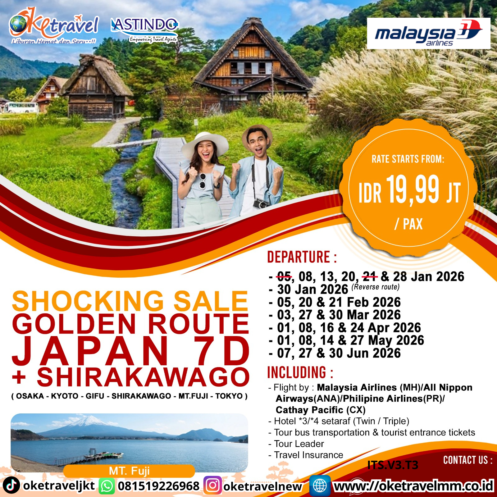 7D SHOCKING SALE GOLDEN ROUTE JAPAN +  SHIRAKAWAGO| DEP 5, 8, 13, 20, 21, 28, 30 JAN 5, 20, 21 FEB  3, 27, 30 MAR  1, 8, 16, 24 APR  1, 8, 14, 27 MAY  27, 30 JUN 2026 | BY MH