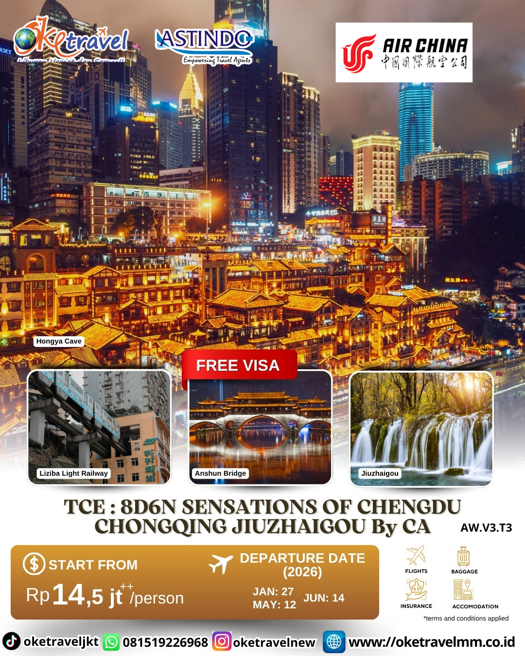 8D6N SENSATIONS OF CHENGDU CHONGQING JIUZHAIGOU | DEP 27 JAN 2026, 12 MAY 2026, 14 JUN 2026 | BY CA
