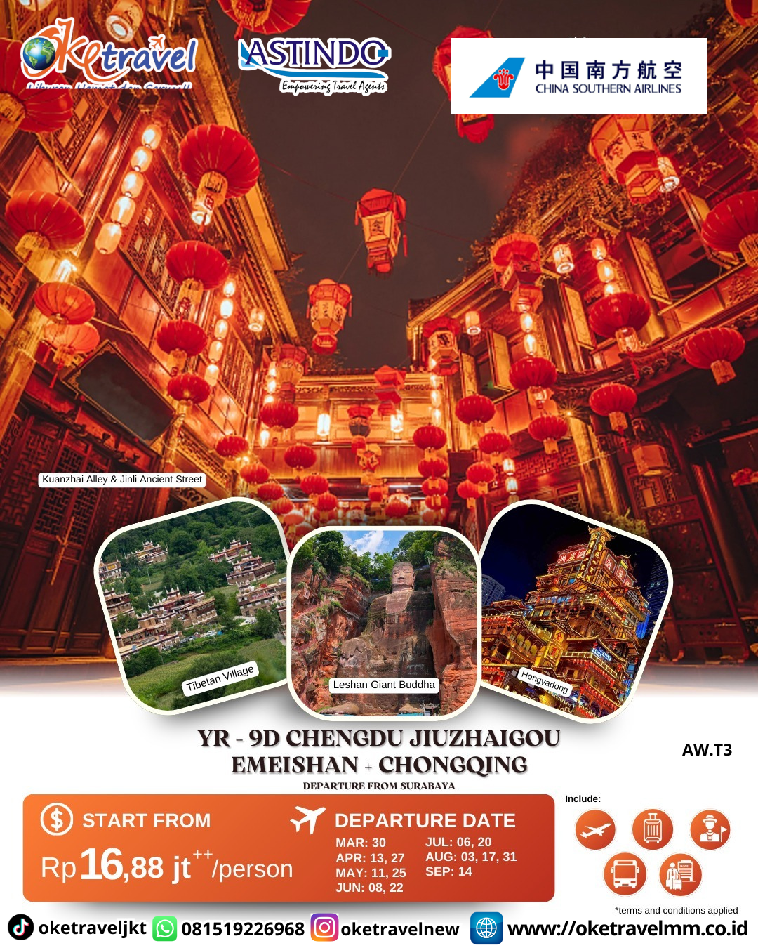 9D CHENGDU JIUZHAIGOU EMEISHAN + CHONGQING | DEP 30 MAR 2026, 13,27 APR 2026, 11, 25 MAY 2026, 08,22 JUN 2026, 06, 20 JUL 2026, 03, 17, 31 AUG 2026, 14 SEP 2026 | BY CZ