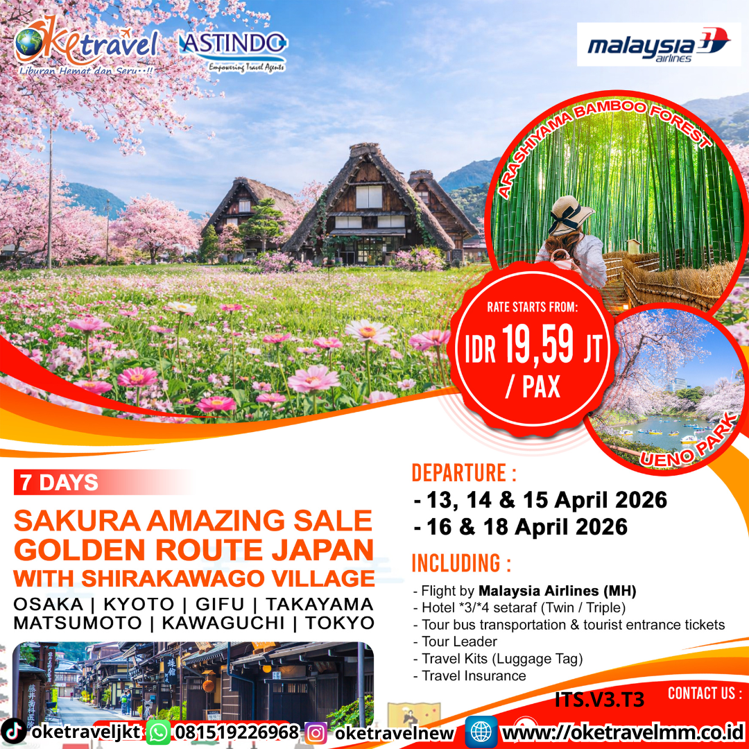 7D SAKURA AMAZING SALE GOLDEN ROUTE JAPAN + SHIRAKAWAGO | DEP 13, 14, 15, 16, 18 APR 2026 | BY MH
