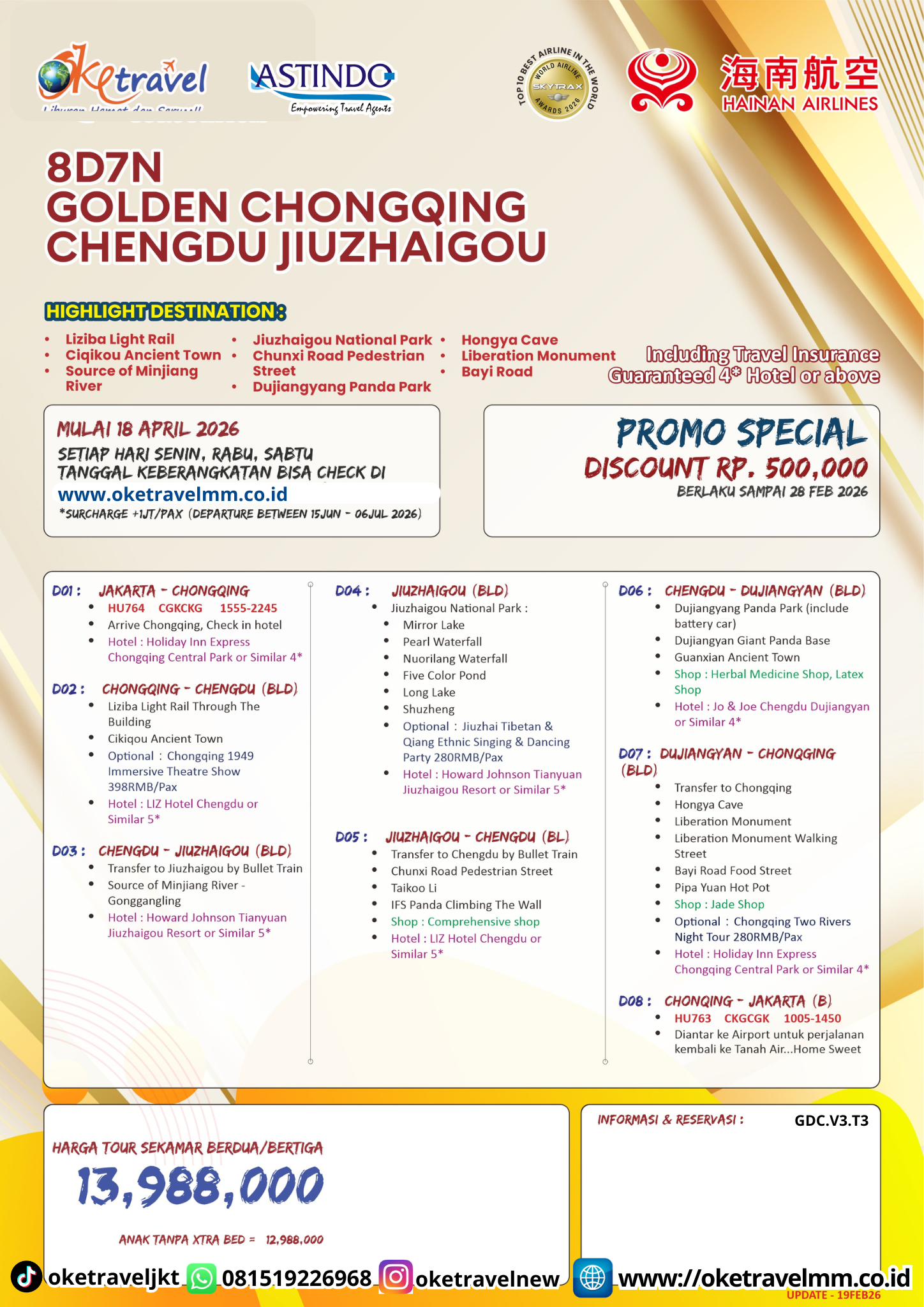 8D7N GOLDEN CHONGQING CHENGDU JIUZHAIGOU | DEP 18, 25 APR 2026, 02,09,162330 MAY 2026, 06,13,20,27 JUN 2026, 04,11,18,25 JUL 2026, 01,08,15,22,29 AUG 2026, 05,12,19,26 SEP 2026, 03,10,17 OCT 2026 | BY HU