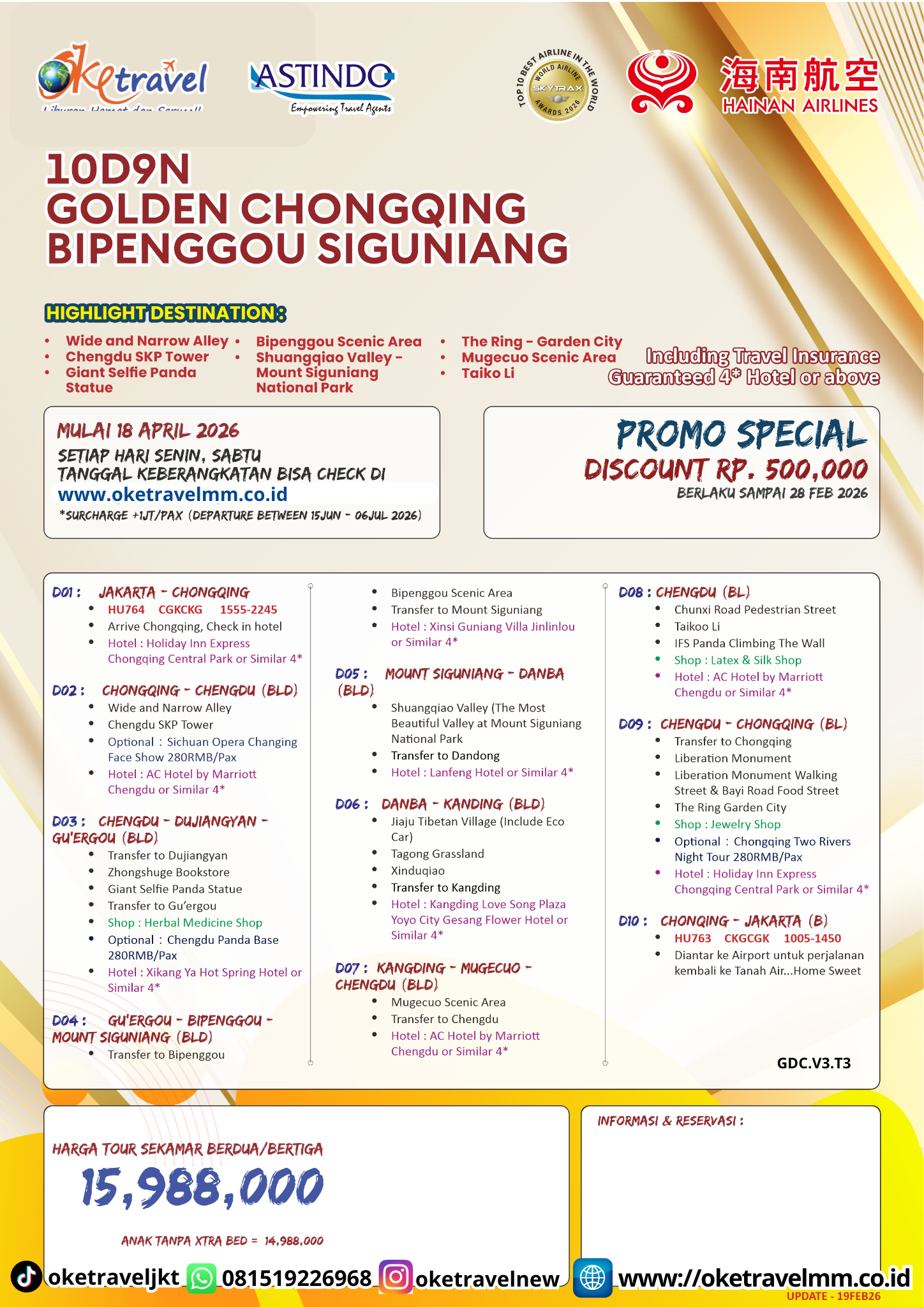 10D9N GOLDEN CHONGQING BIPENGGOU SIGUNIANG | DEP 15,25 APR 2026, 04, 23 MAY 2026, 01,13 JUN 2026,  18 JUL 2026, 03,24 AUG 2026, 14 SEP 2026, 10 OCT 2026 | BY HU