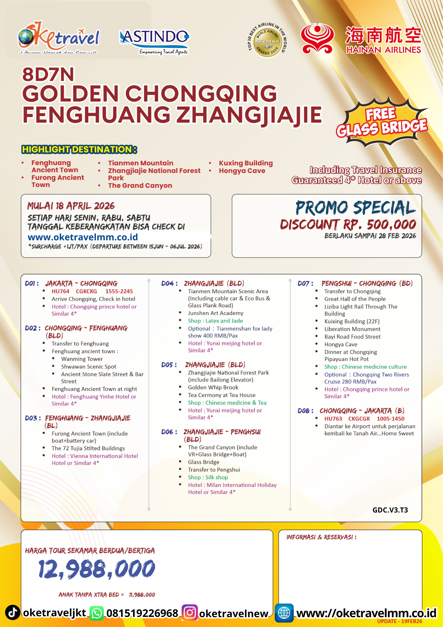 8D7N GOLDEN FENGHUANG ZHANGJIAJIE | DEP 22,27,29 APR 2026, 04,09,11,16,23,27 MAY 2026, 01,10,17,22,27 JUN 2026, 04,08,13,20,25,29 JUL 2026, 05,10,15,19,24,31 AUG 2026, 02,07,12,14,16,19,23,30 SEP 2026, 03,05,07,14,19 OCT 2026 | BY HU