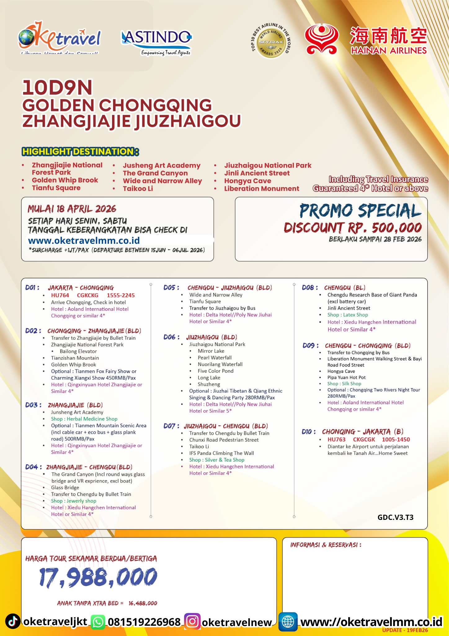10D9N GOLDEN CHONGQING ZHANGJIAJIE JIUZHAIGOU | DEP 20 APR 2026, 02,11,18 MAY 2026, 29 JUN 2026, 08 AUG 2026, 05 SEP 2026 | BY HU
