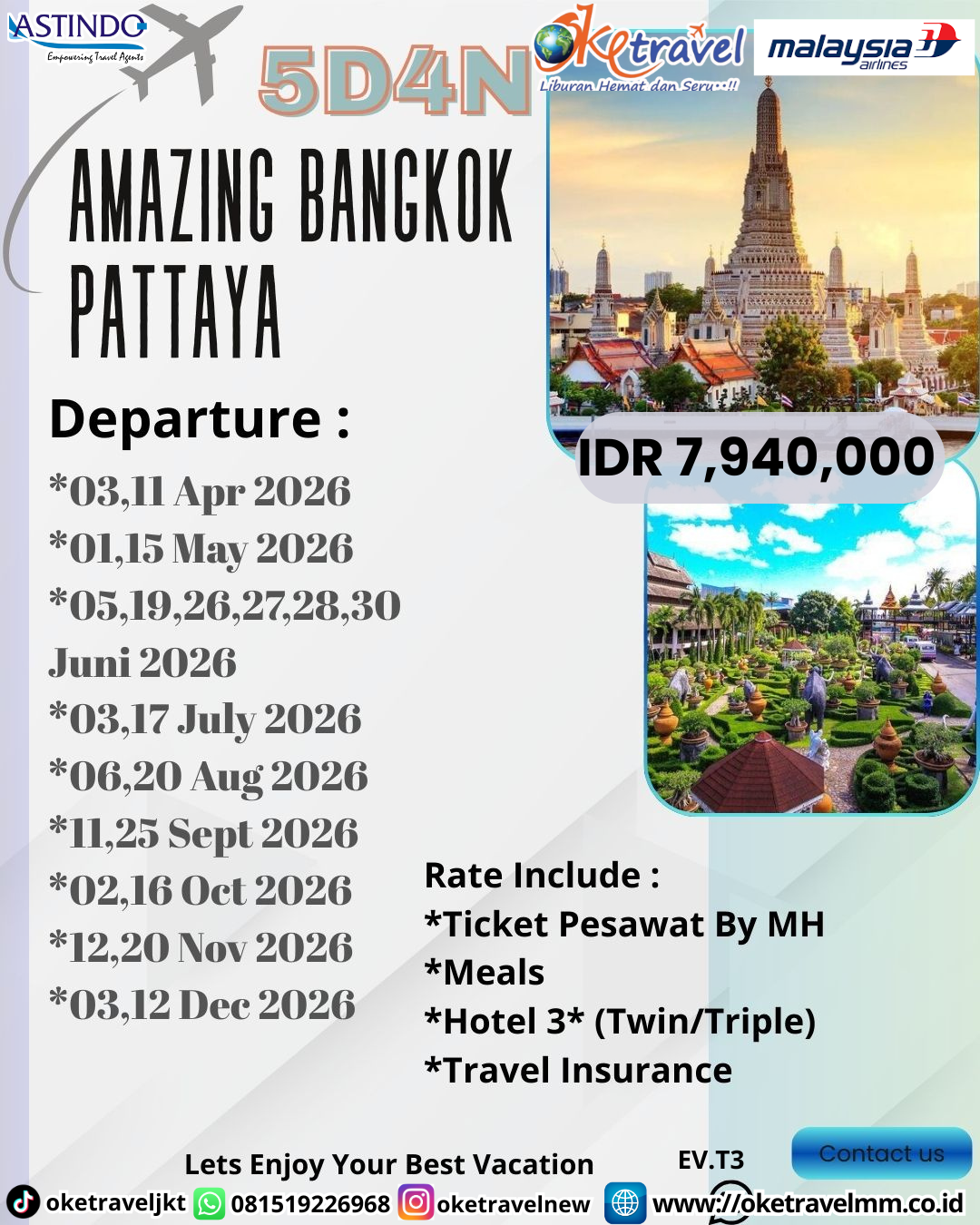 5D4N ENJOY AMAZING BANGKOK-PATTAYA | DEP 3, 11 APR, 1, 15 MAY, 5, 19, 26, 27, 28, 30 JUN, 3, 17 JUL, 6, 20 AUG, 11, 25 SEP, 2, 16 OCT, 12, 20 NOV, 3, 12 DES | BY MH