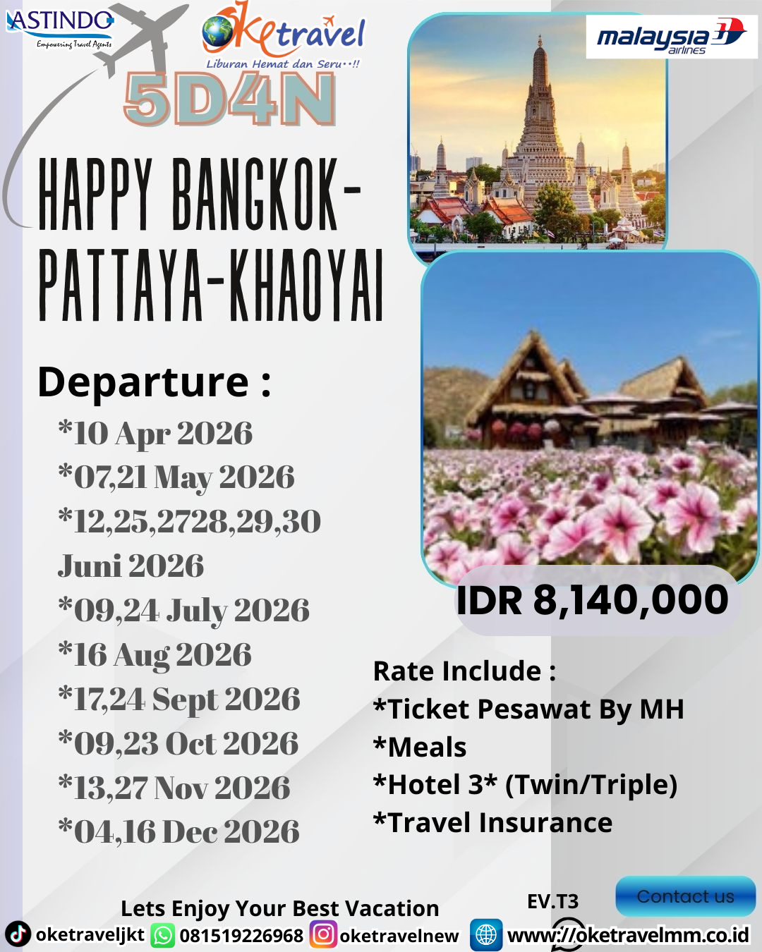 5D4N HAPPY BANGKOK-PATTAYA + KHAO YAI | DEP 10 APR, 7, 21 MAY, 12, 25, 27, 28, 29, 30 JUN, 9, 24 JUL, 16 AUG, 17, 24 SEP, 9, 23 OCT, 13, 27 NOV, 4, 16 DES | BY MH