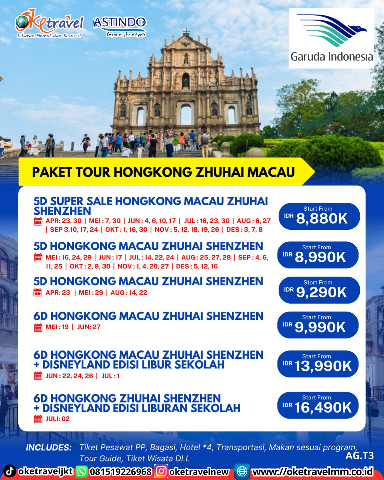 6D HONGKONG ZHUHAI SHENZHEN + DISNEYLAND EDISI LIBUR SEKOLAH | DEPT : 02 JULI 2026 | BY GA