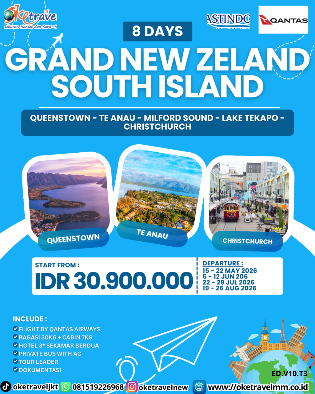 8D GRAND NEW ZEALAND SOUTH ISLAND | DEPT : 05,12 JUNI | DEPT : 22,29 JULI | DEPT : 19,26 AUG 2026 | BY QF