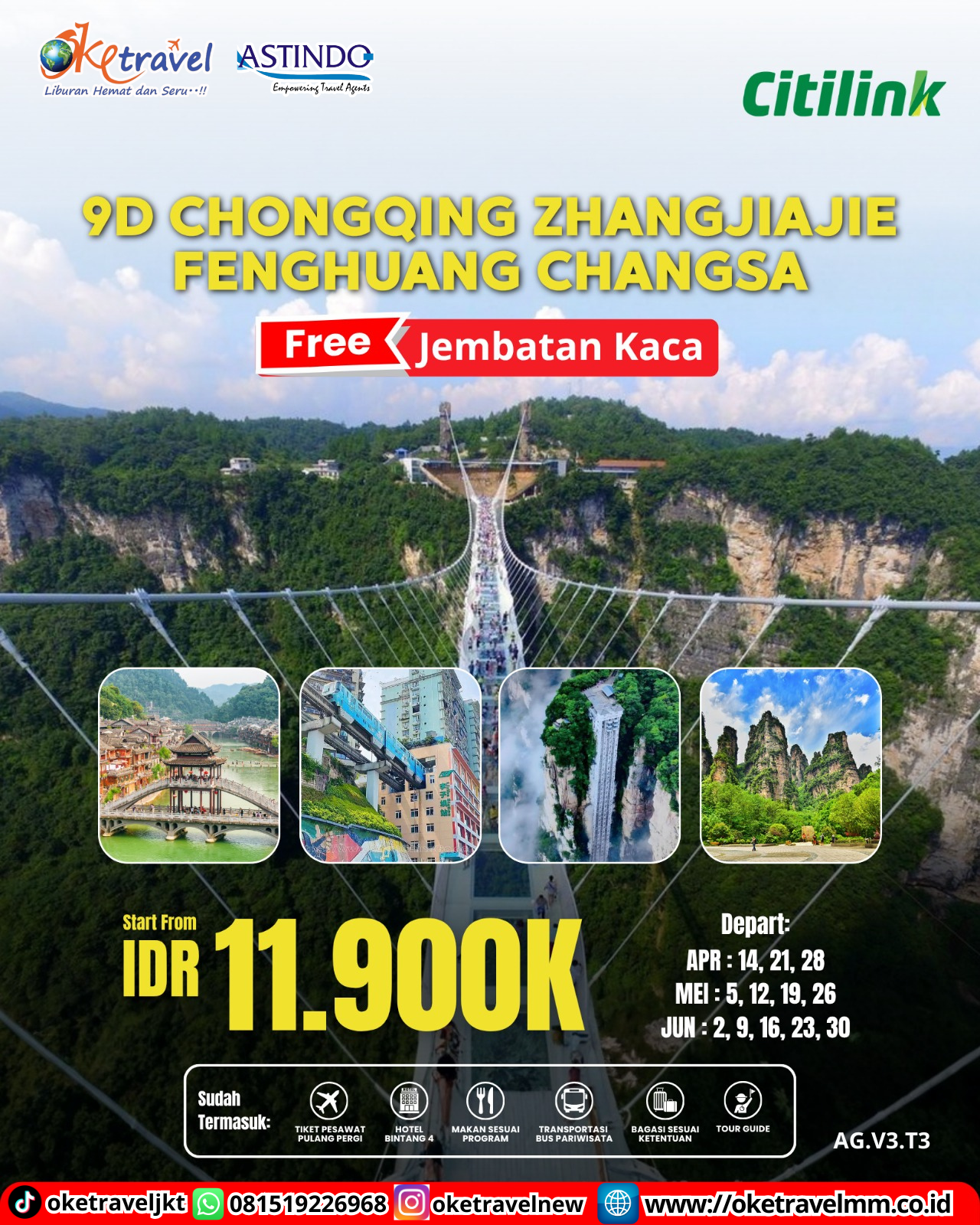 9D CHONGQING ZHANGJIAJIE FENGHUANG CHANGSA | DEPT : 14,21,28 APRIL | DEPT : 05,12,19,26 MEI | DEPT : 02,09,16,23,30 JUNI 2026 | BY QG