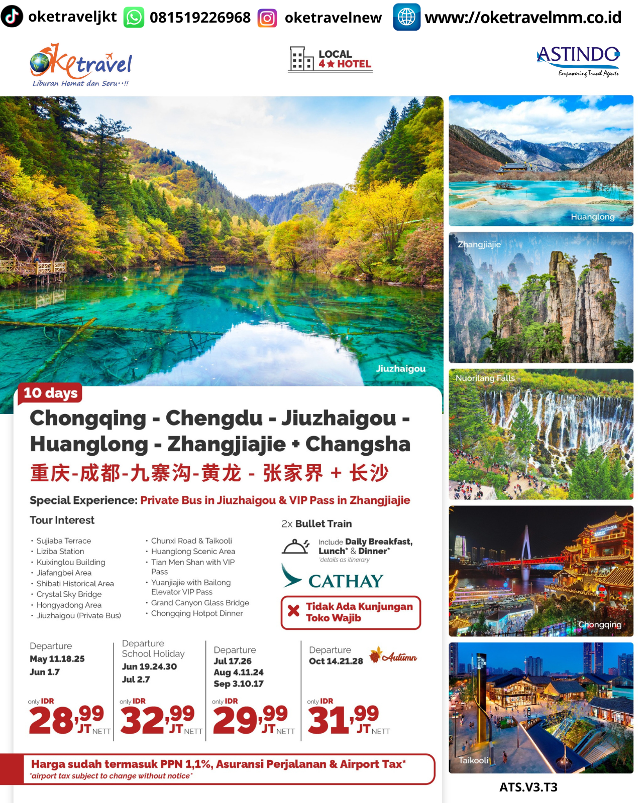 10 DAYS CHONGQING-CHENGDU-JIUZHAIGOU-HUANGLONG-ZHANGJIAJIE-CHANGSA| DEP MAY: 11, 18, 25  JUN: 01, 07 | SCHOOL HOLIDAY JUN: 19, 24, 30 JUL: 02, 07 | JUL: 17, 26 AUG: 04, 11, 24  SEP: 03, 10,17 | OCT: 14, 21, 28