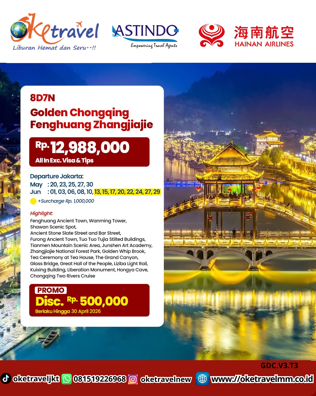 8D7N GOLDEN CHONGQING FENGHUANG ZHNAGJIAJIE|DEP MEI: 20, 23, 25, 27, 30 JUNI: 01, 03, 06, 08, 10, 13, 15, 17, 20, 22, 24, 27, 29 (Libur Sekolah!) 2026| BY HU
