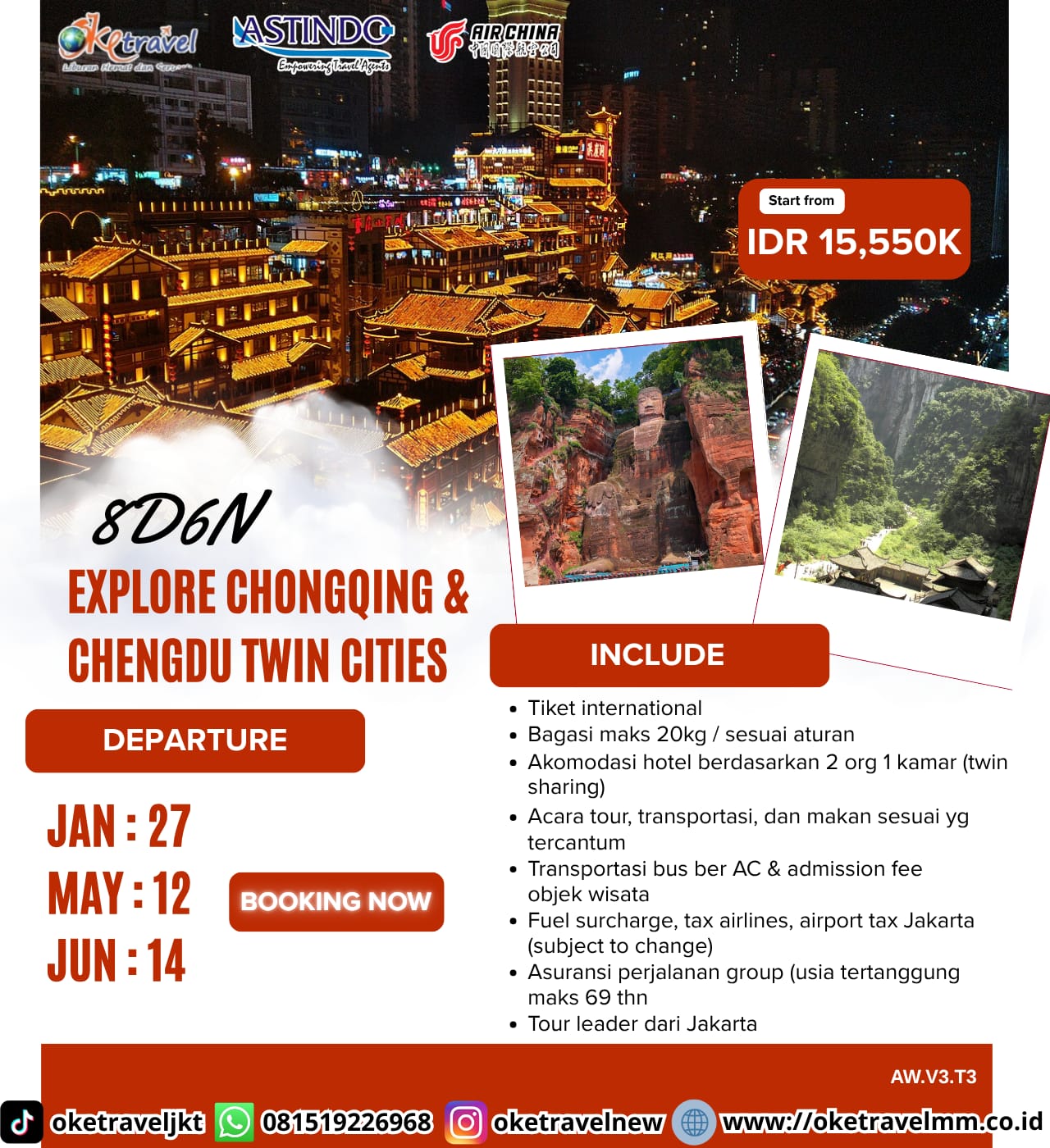 8D6N EXPLORE CHONGQING & CHENGDU TWIN CITIES | DEP : 27 JAN, 12 MAY, 14 JUN 2026 | By CA