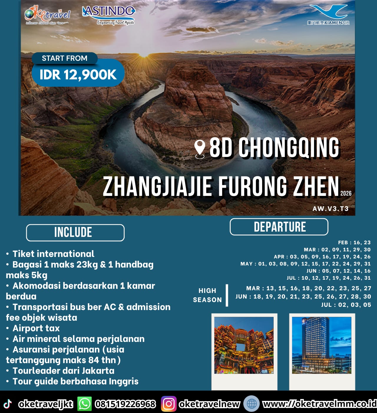 8D CHONGQING ZHANGJIAJIE FURONG ZHENG | DEP : 16, 23 FEB, 02, 09, 11, 13, 15, 16, 18, 20, 22, 23, 25, 27, 29, 30 MAR, 03, 05, 09, 16, 17, 19, 24, 26 APR, 01, 03, 09, 12, 15, 17, 22, 24, 29, 31 MAY, 05, 07, 12, 14, 16, 18, 19 20, 21, 23, 25, 26, 27, 28, 30 JUN, 02, 03, 05, 10, 12, 17, 19, 24, 26, 31 JUL 2026 | By MF
