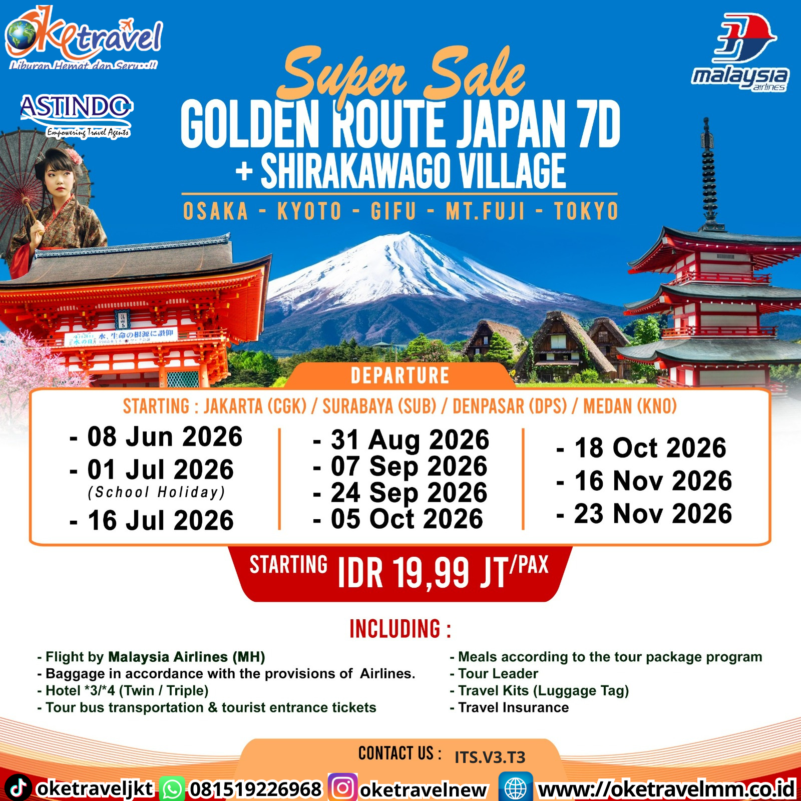 7D SUPER SALE GOLDEN ROUTE JAPAN + SHIRAKAWAGO VILLAGE | DEPT : 08 JUNI | DEPT : 01,16 JULI | DEPT : 31 AUG | DEPT : 07,24 SEPT | DEPT : 05,18 OCT | DEPT : 16,23 NOV 2026 | BY MH 