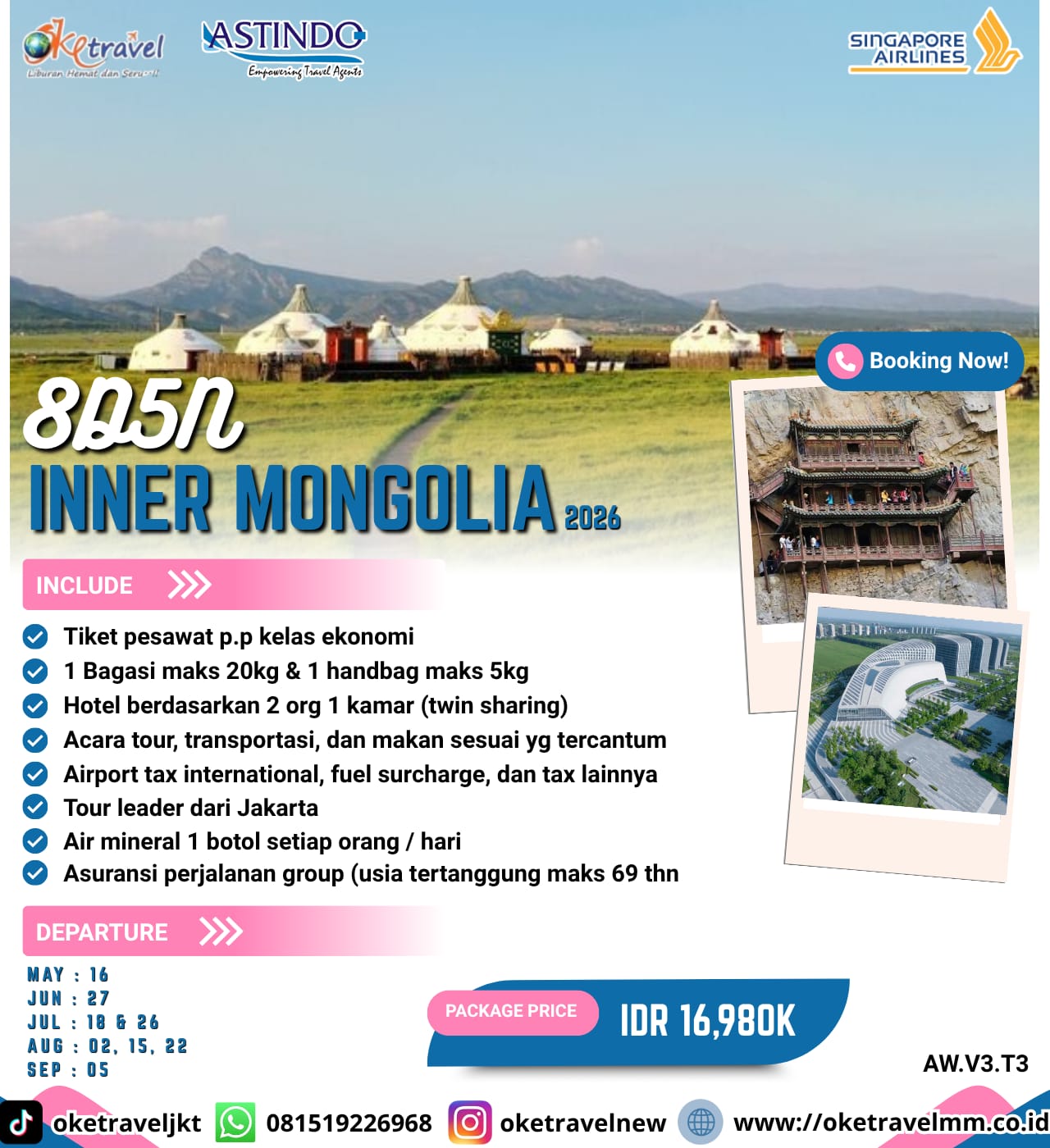 8D5N INNER MONGOLIA | DEP : 16 MAY, 27 JUN, 18, 26 JUL, 02, 15, 22 AUG, 05 SEP 2026 | By SQ