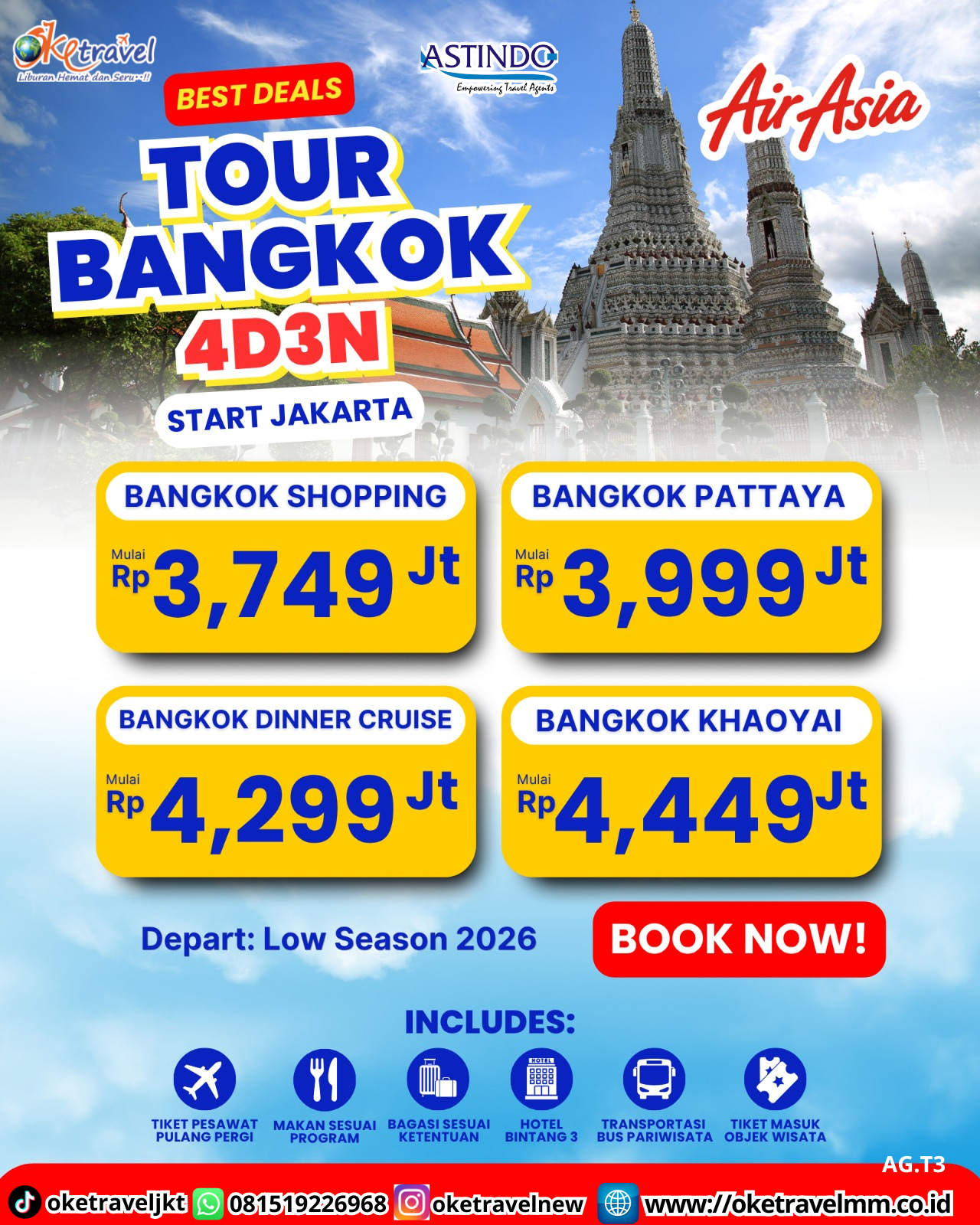 4D3N BANGKOK KHAOYAI + TIX | DEPT : 21 JULI | DEPT : 03,10,25 AUG | DEPT : 07,14,21 SEPT | DEPT : 12,19,20 OKT 2026 | BY QZ 