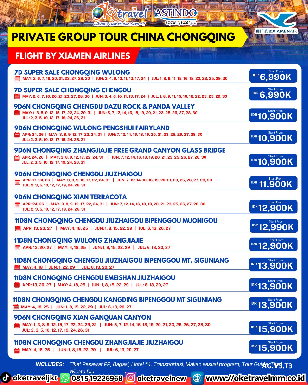 9D6N CHONGQING WULONG PENGSHUI FAIRYLAND | DEPT : 24,26 APRIL | DEPT : 03,08,09,12,17,22,24,31 MEI | DEPT : 07,12,14,16,18,19,20,21,23,25,26,27,28,30 JUNI | DEPT : 02,03,05,10,12,17,19,24,26,31 JULI 2026 | BY MF 